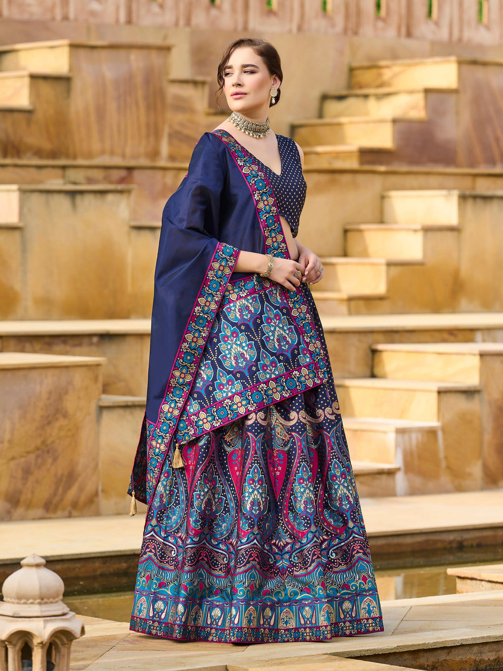 Women's Navy-Blue Jacquard Crape Lehengas