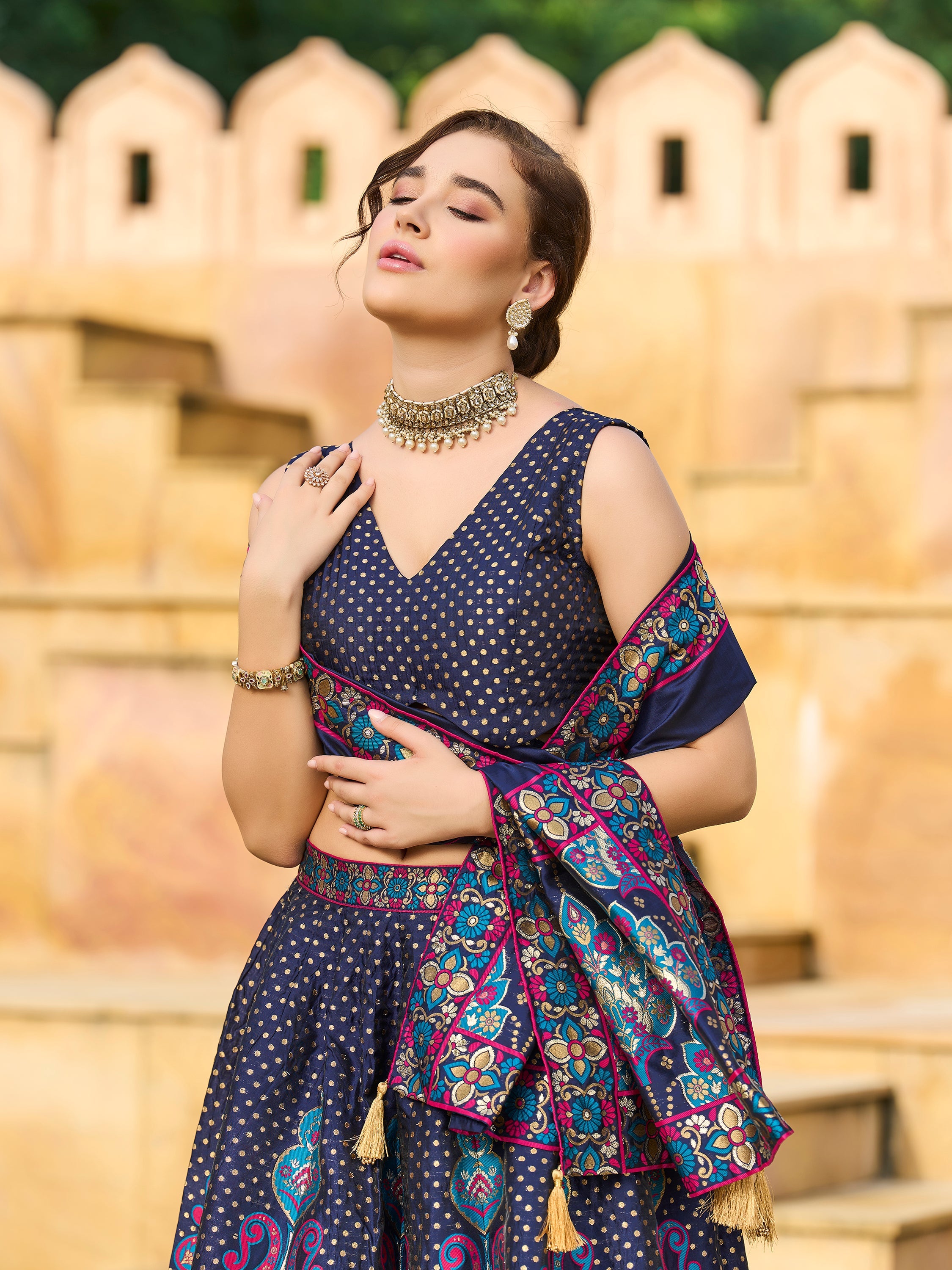 Women's Navy-Blue Jacquard Crape Lehengas