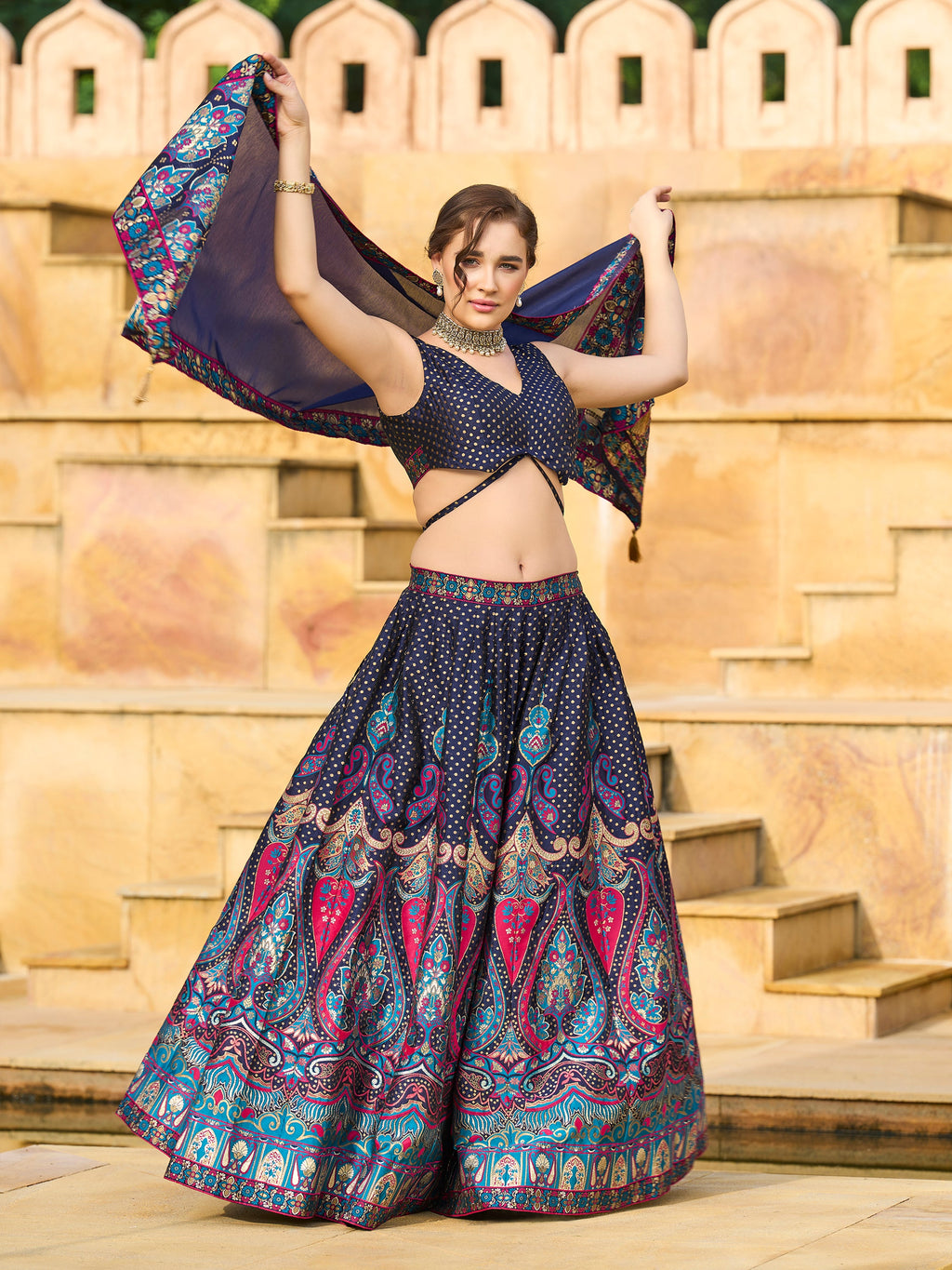 Women's Navy-Blue Jacquard Crape Lehengas