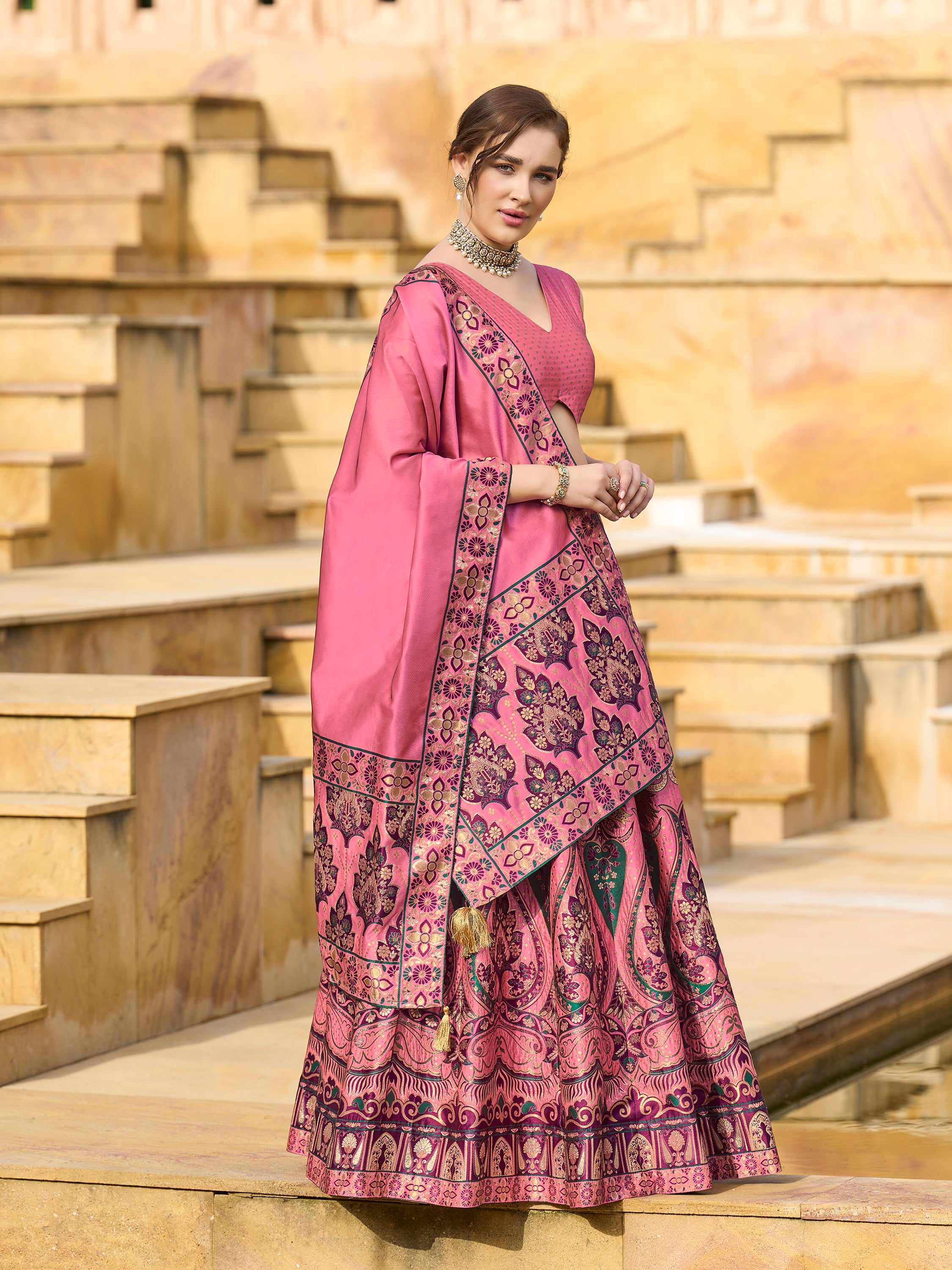Women's Pink Jacquard Crape Lehengas