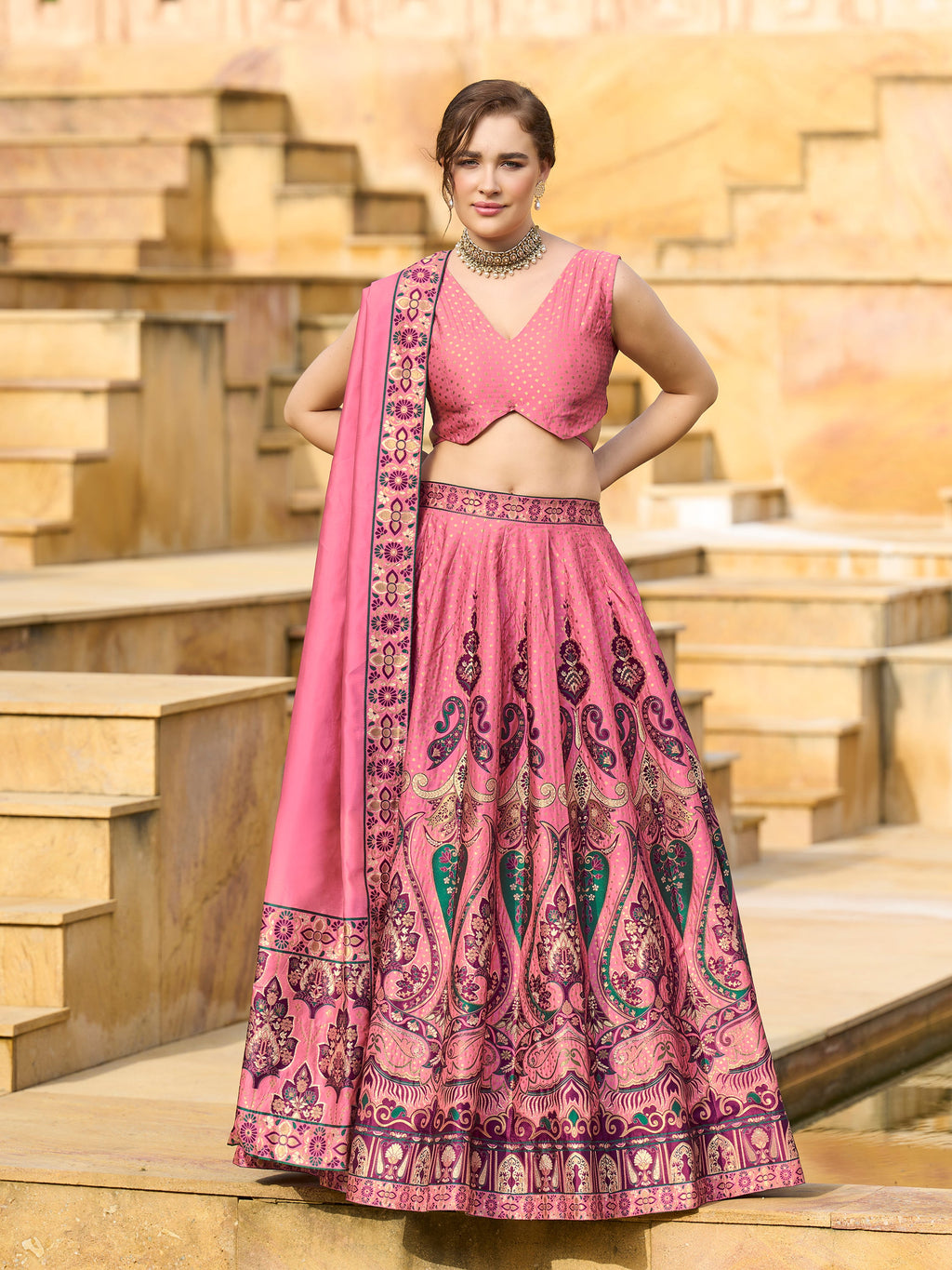 Women's Pink Jacquard Crape Lehengas