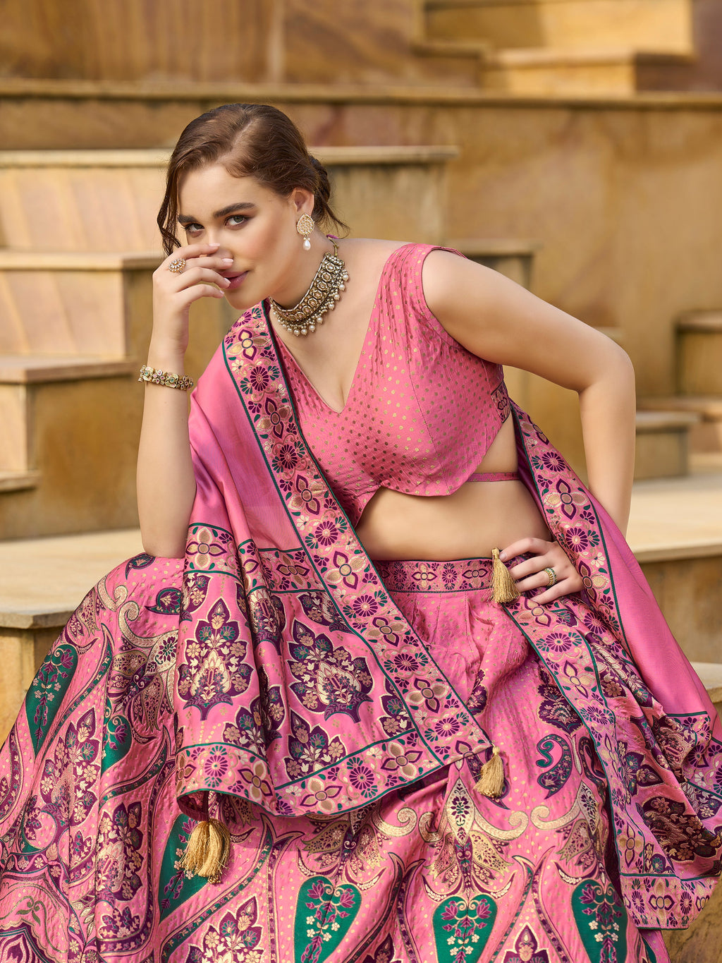 Women's Pink Jacquard Crape Lehengas
