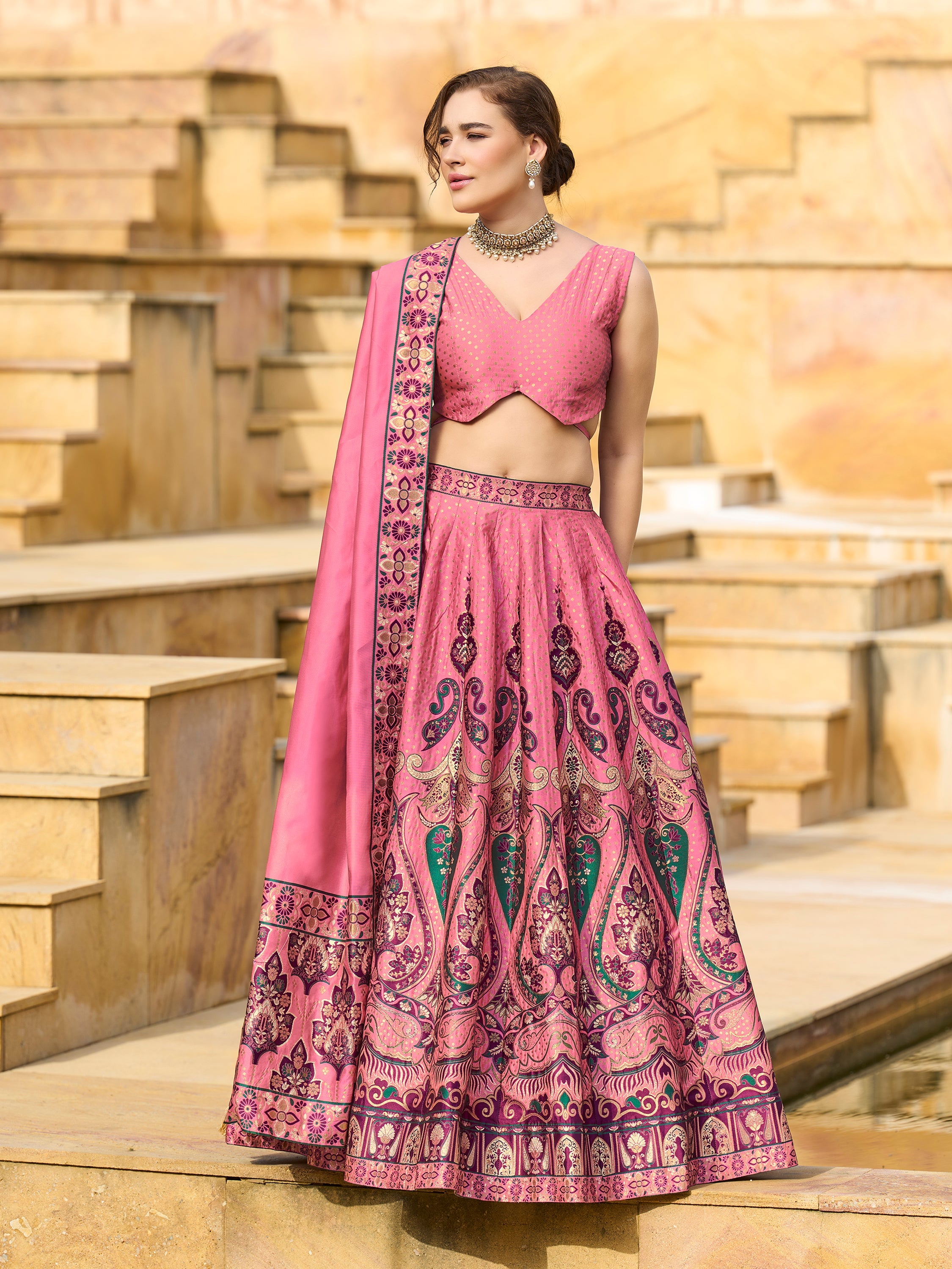 Women's Pink Jacquard Crape Lehengas