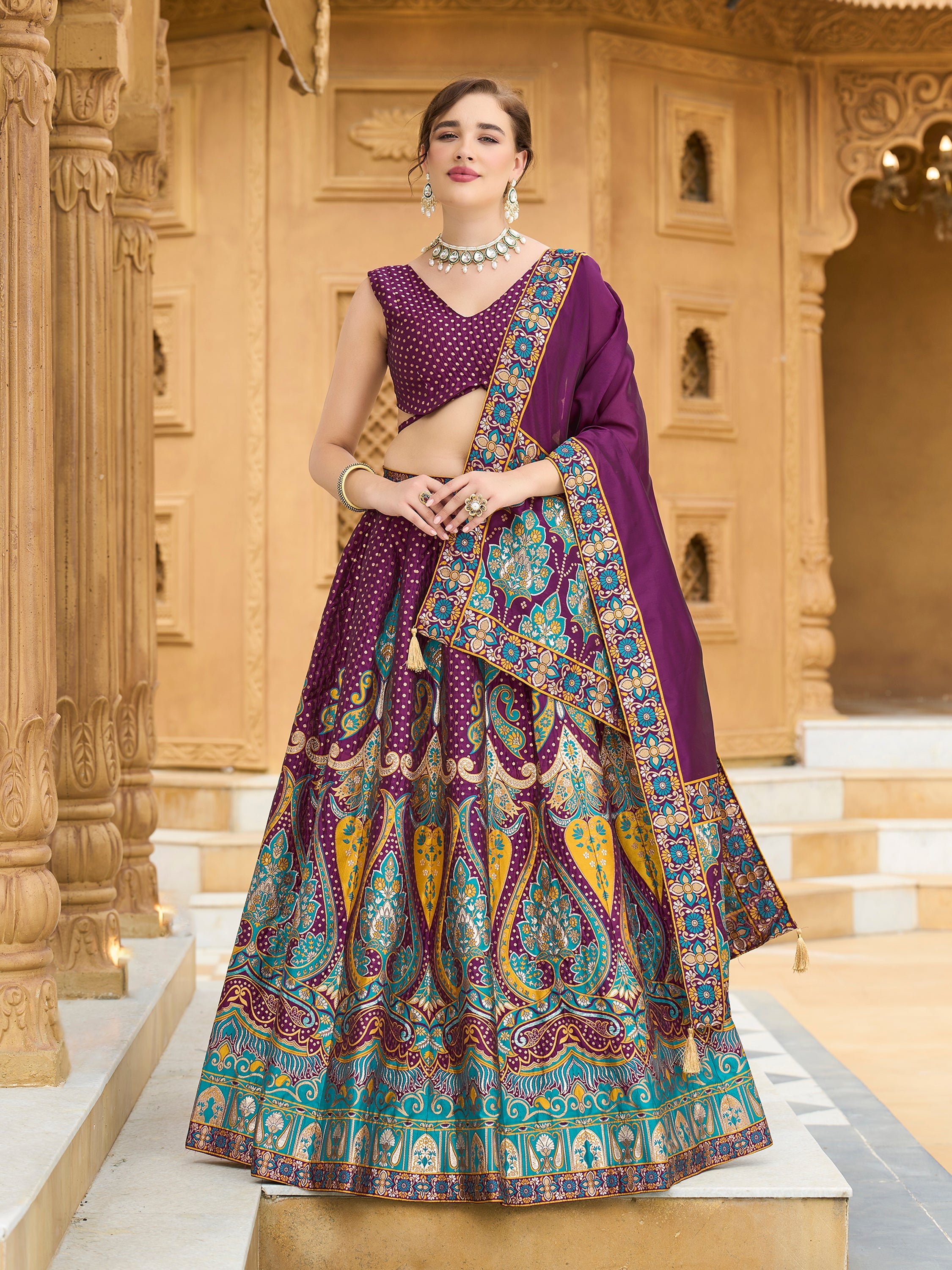 Women's Wine Jacquard Crape Lehengas