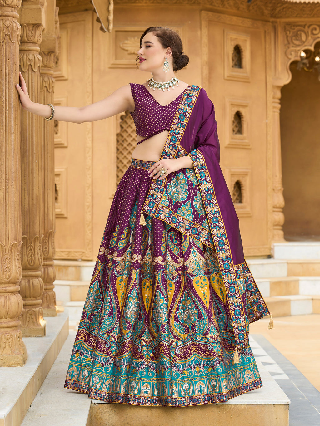 Women's Wine Jacquard Crape Lehengas