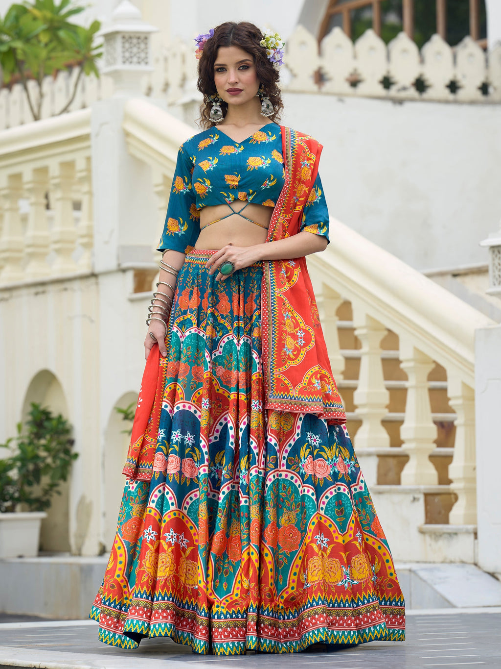 Women's Blue Chinon Lehengas