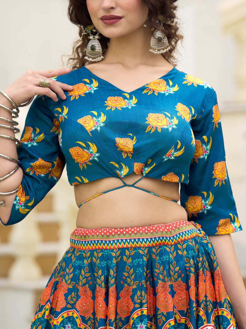 Women's Blue Chinon Lehengas