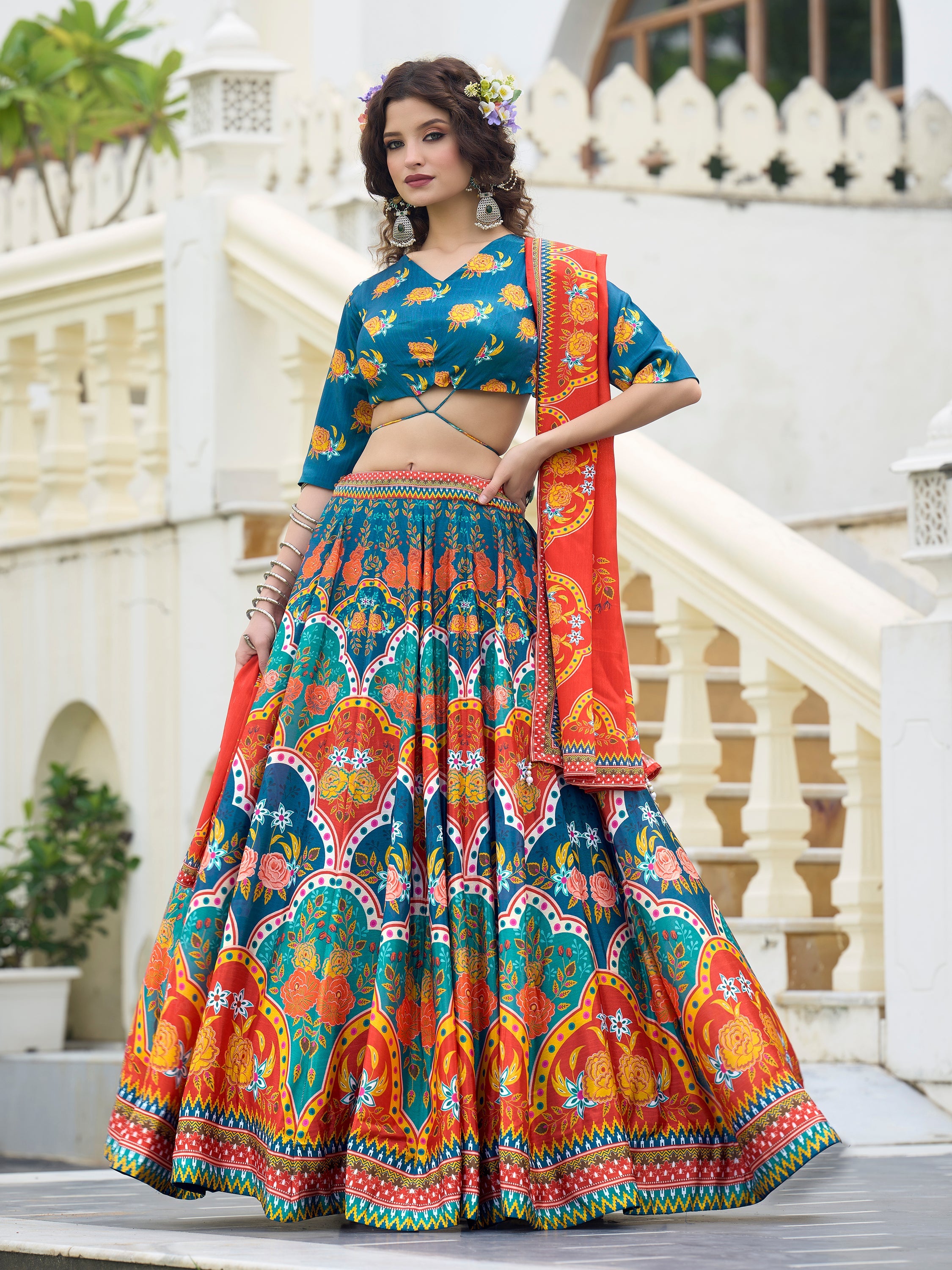 Women's Blue Chinon Lehengas