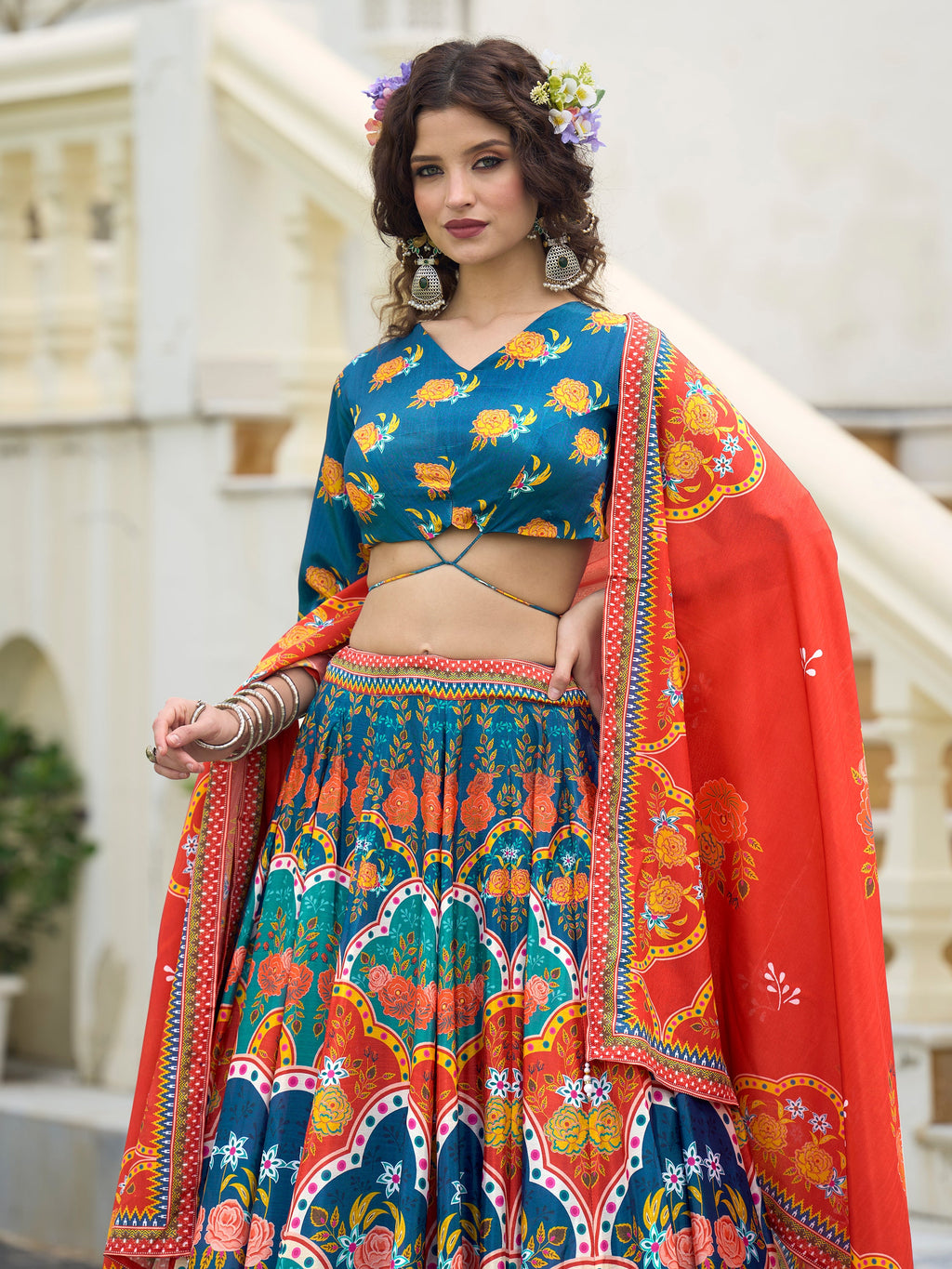 Women's Blue Chinon Lehengas