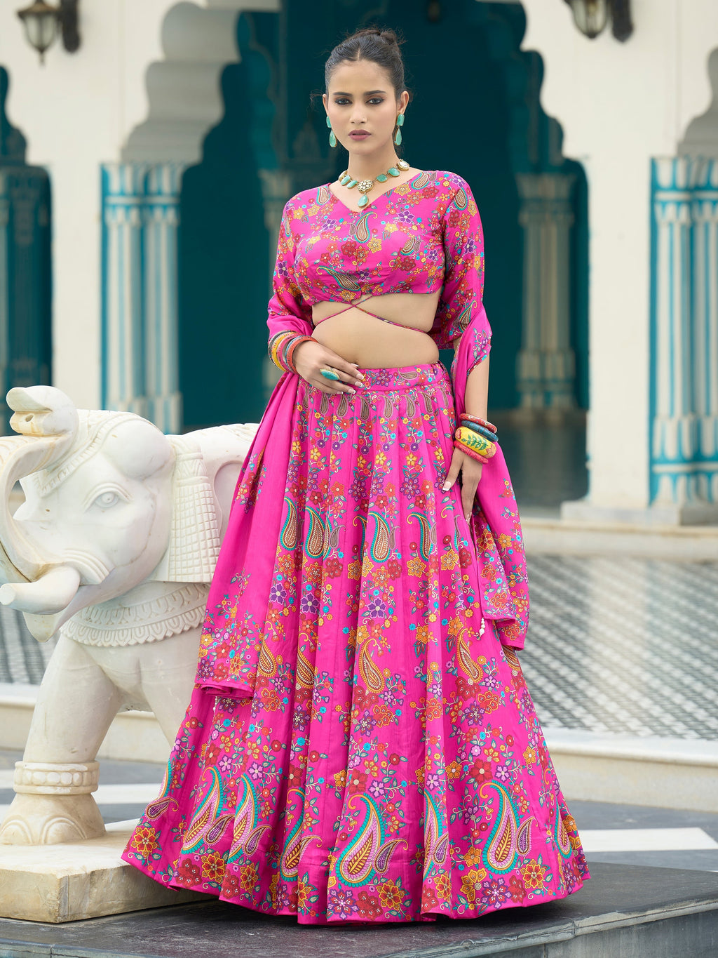 Women's Pink Chinon Lehengas