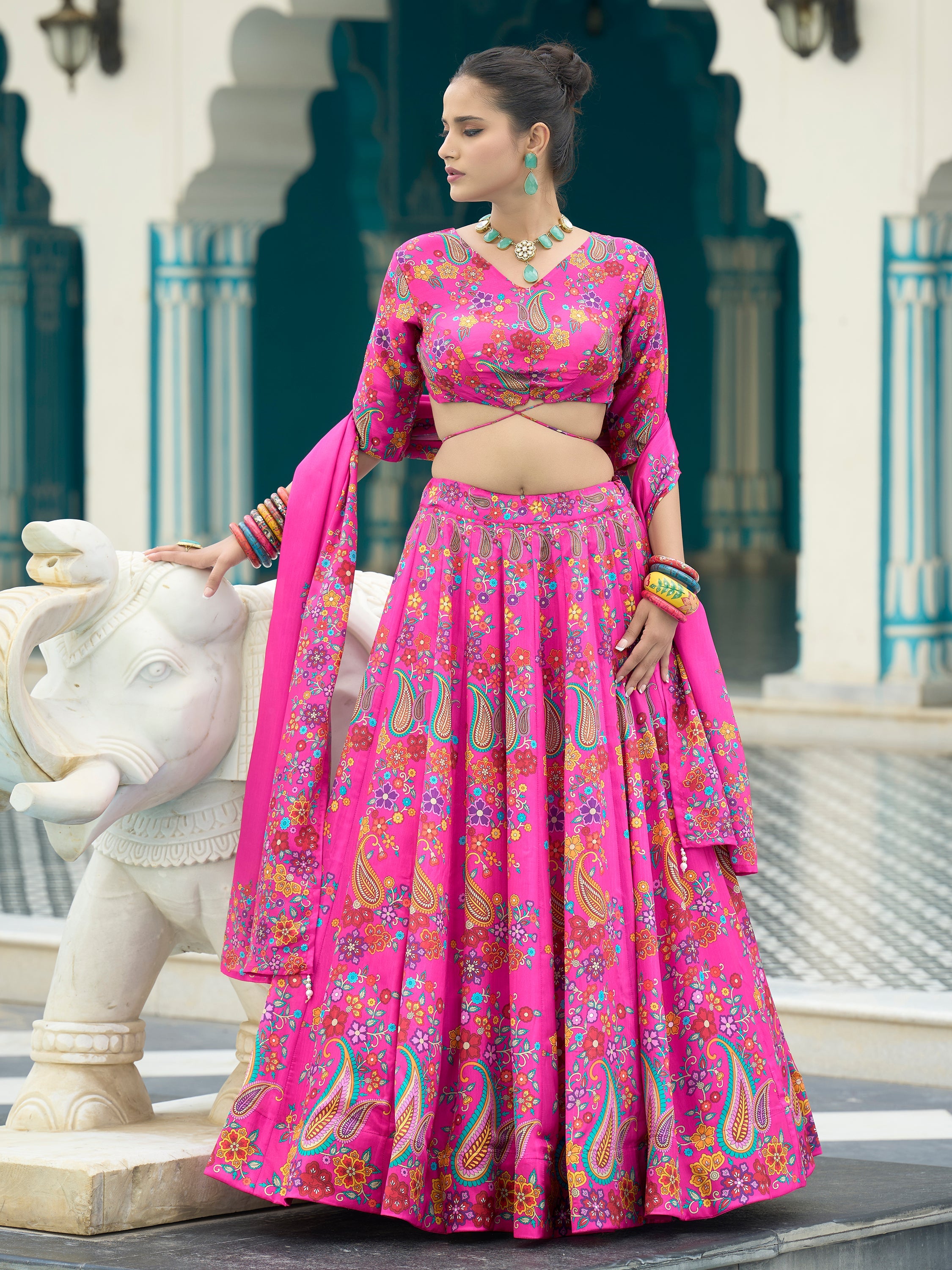 Women's Pink Chinon Lehengas