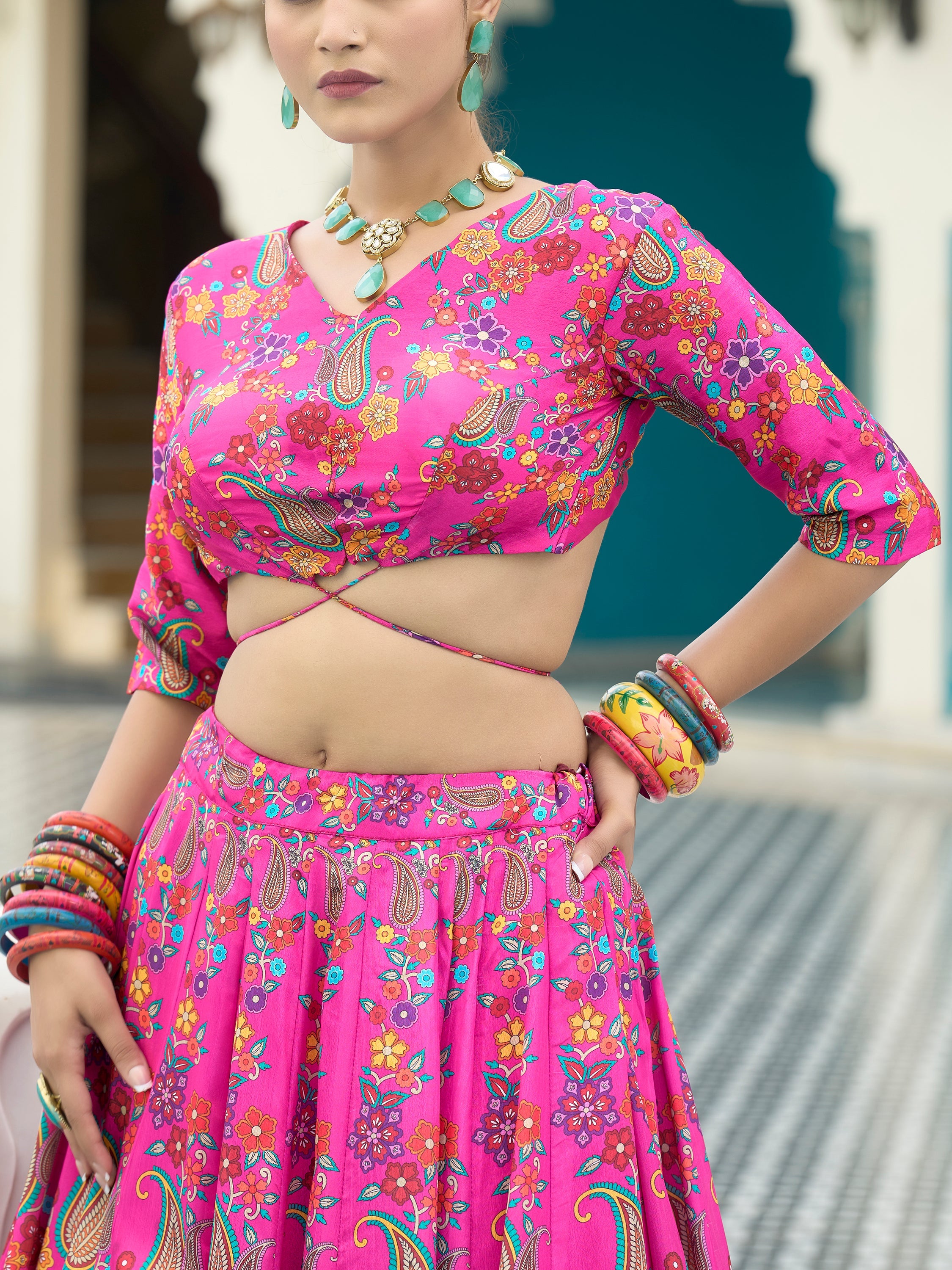 Women's Pink Chinon Lehengas