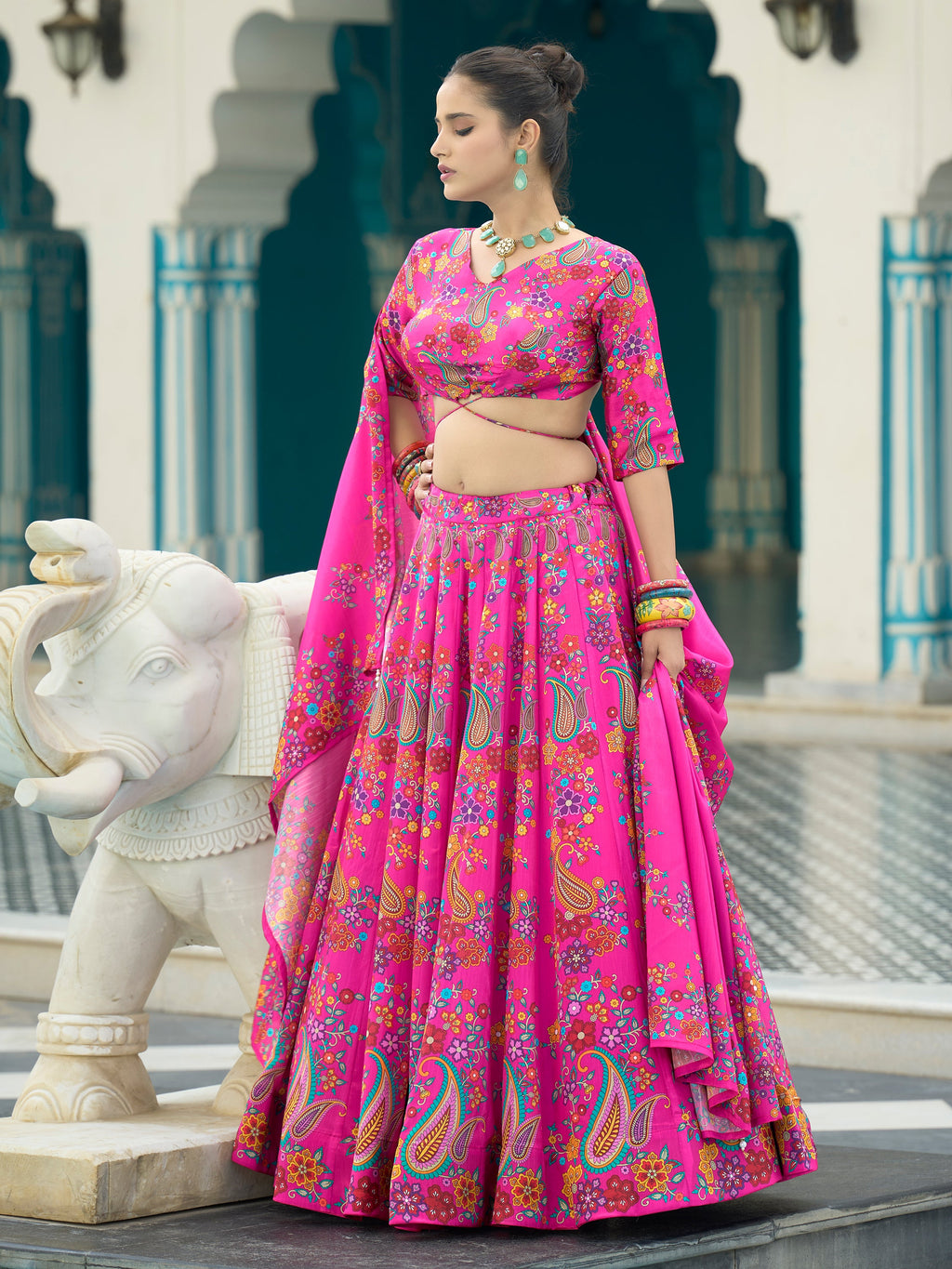 Women's Pink Chinon Lehengas