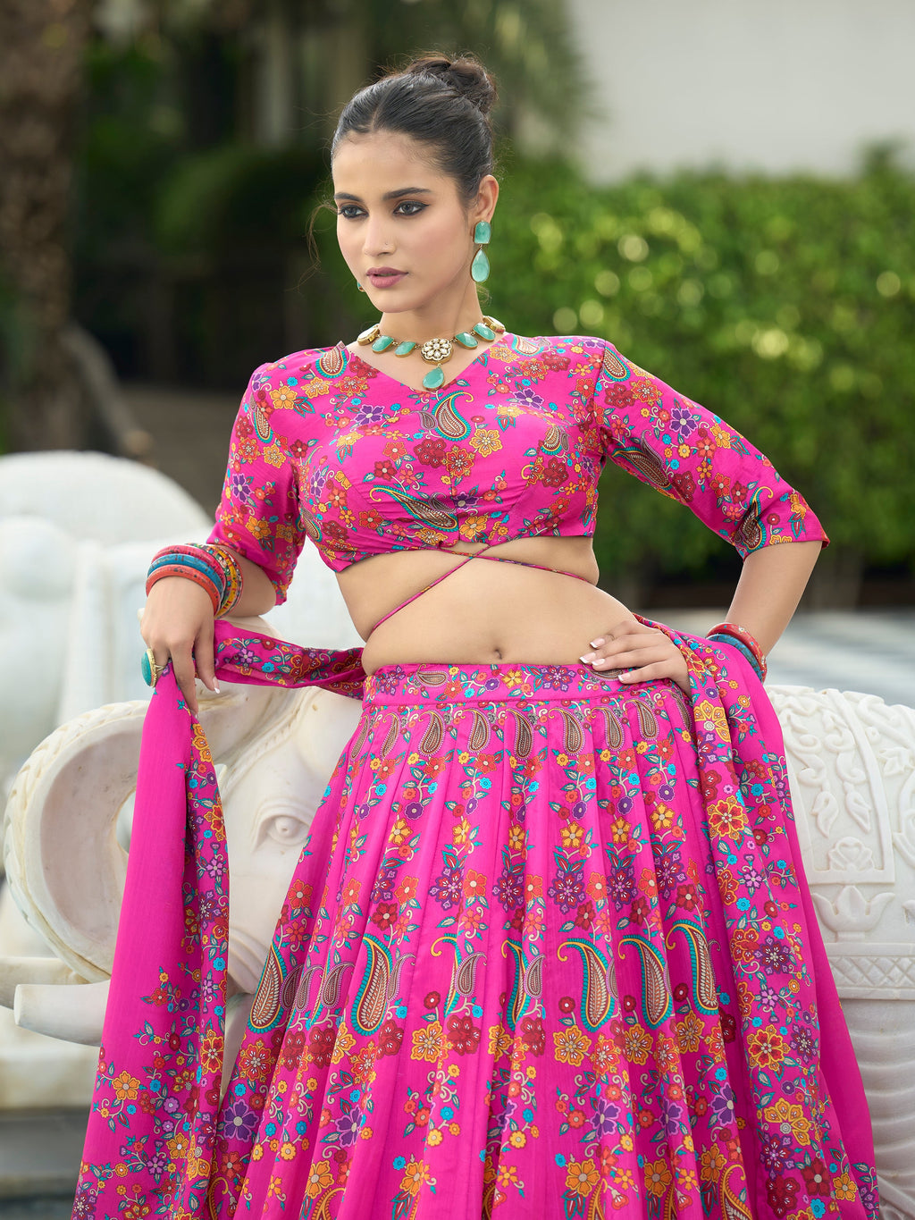 Women's Pink Chinon Lehengas