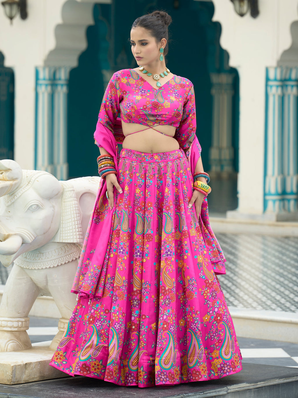 Women's Pink Chinon Lehengas