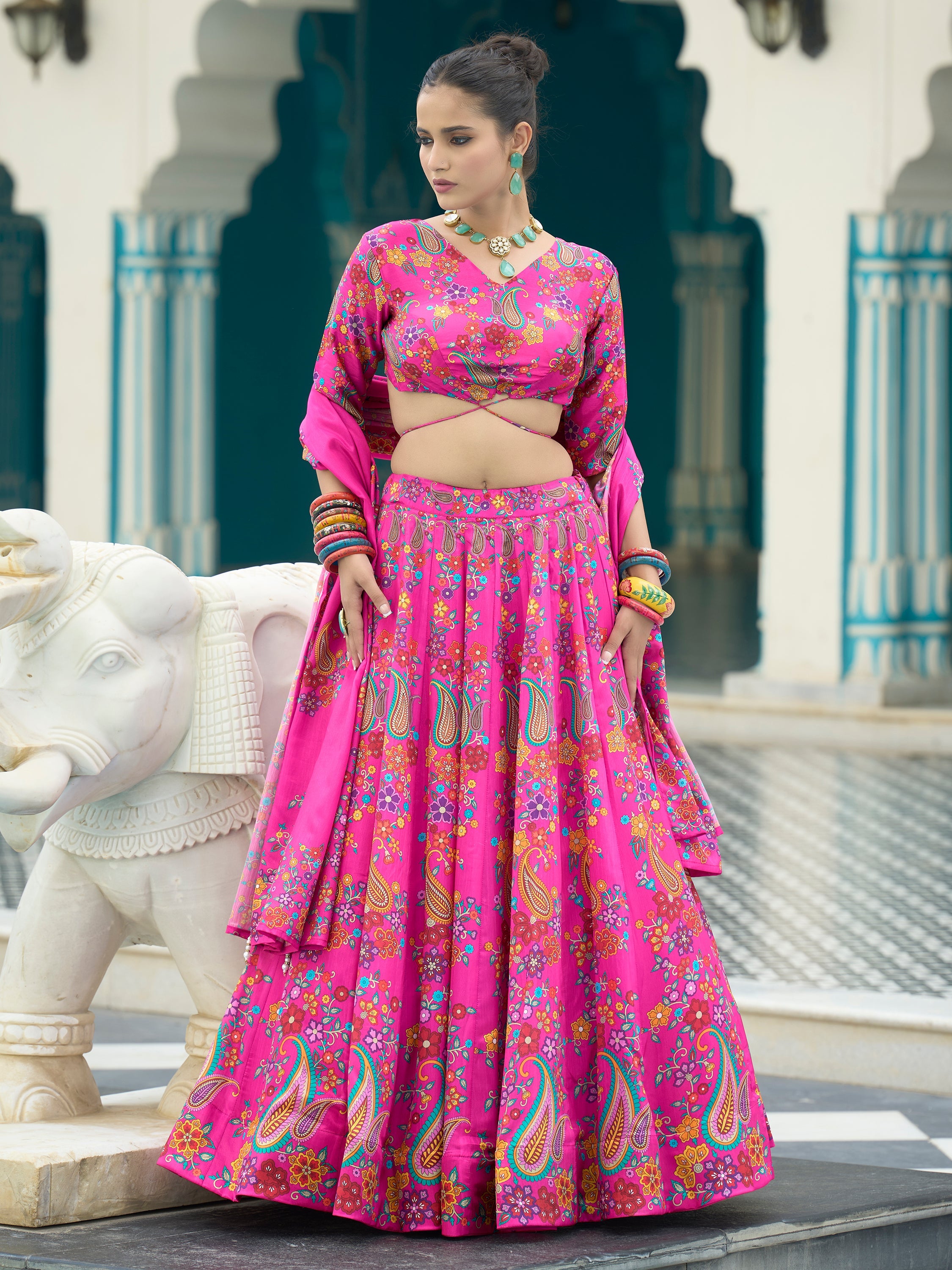 Women's Pink Chinon Lehengas