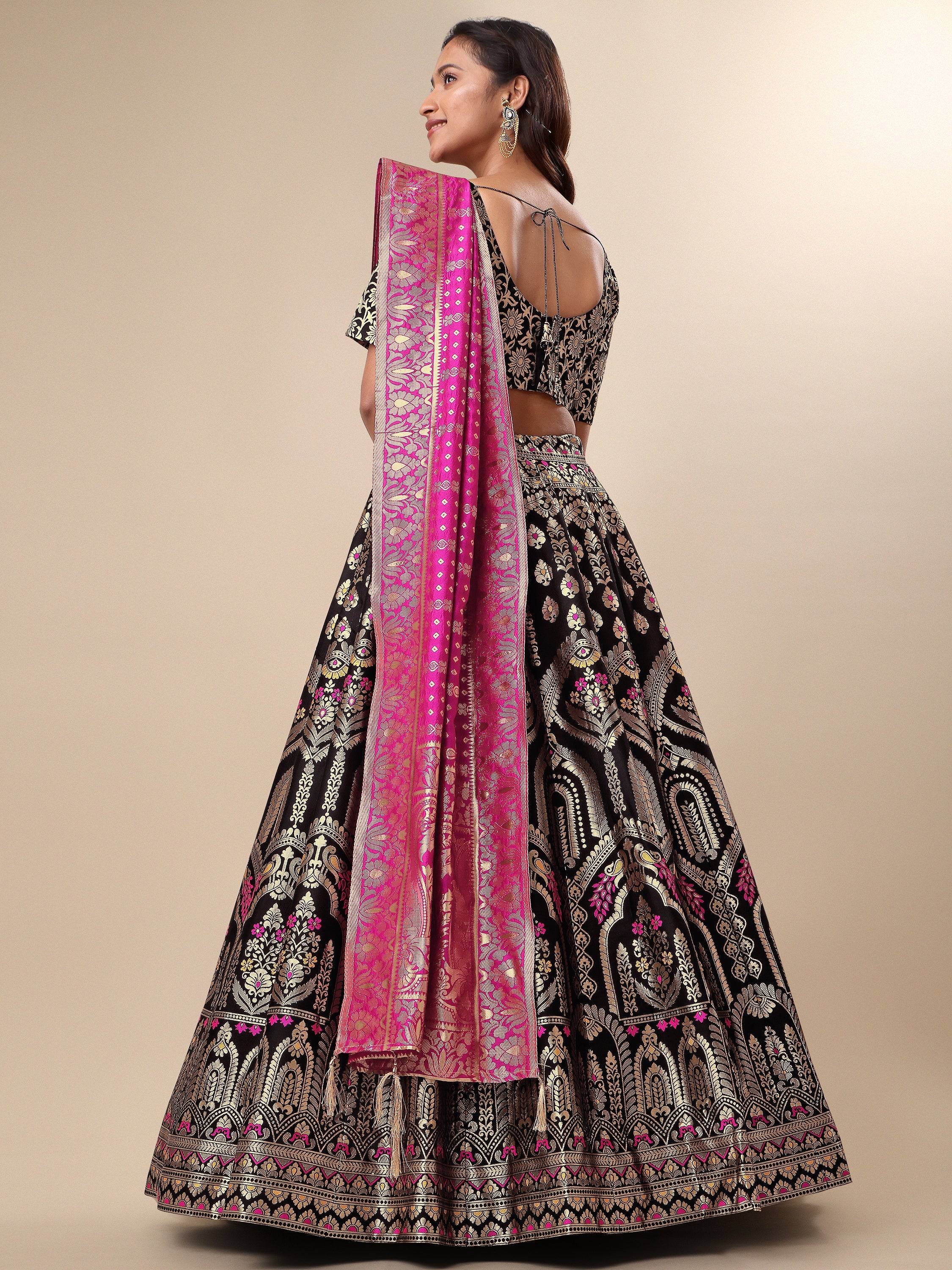 Women Black Embellished Print Lehenga