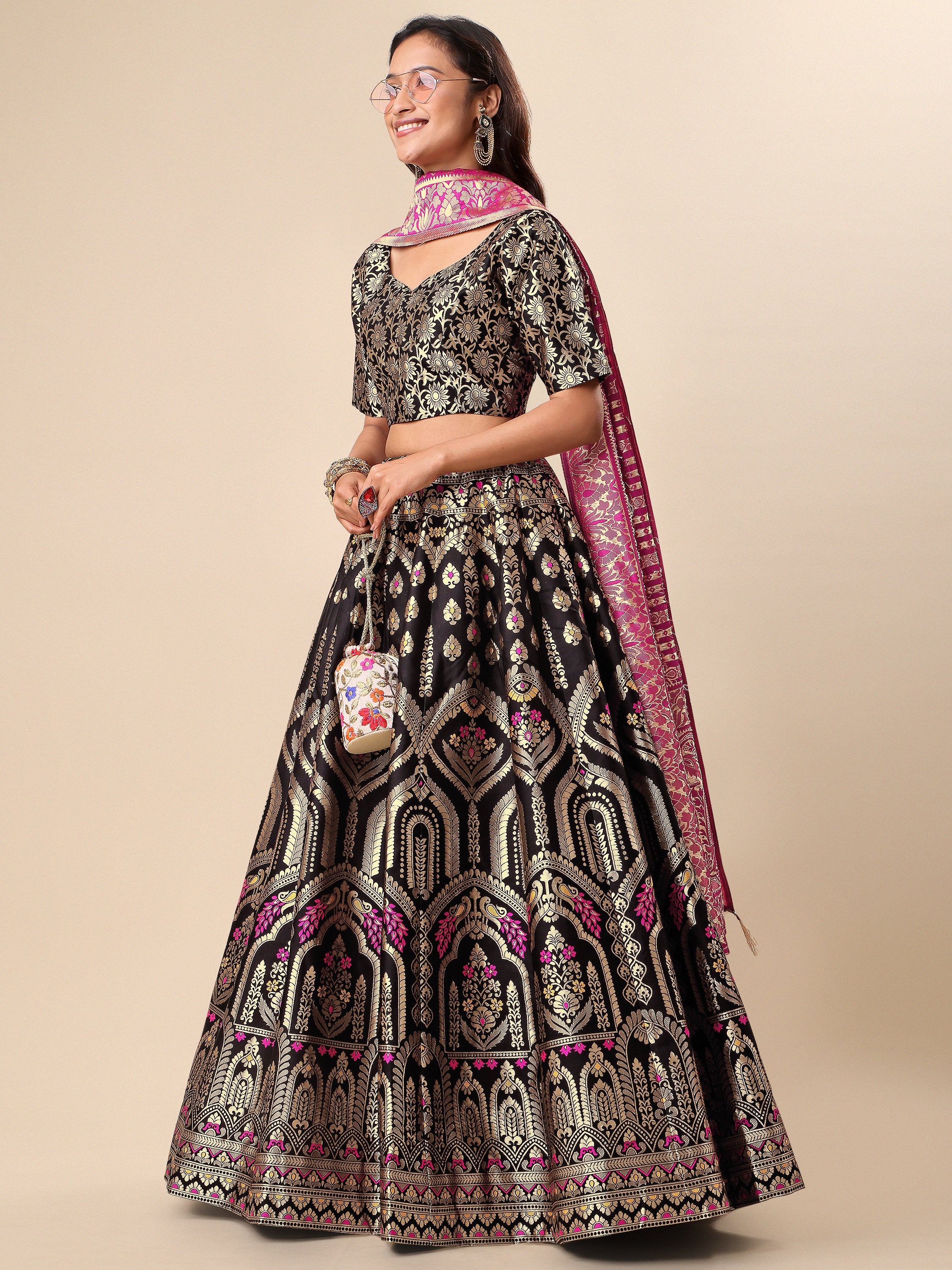Women Black Embellished Print Lehenga
