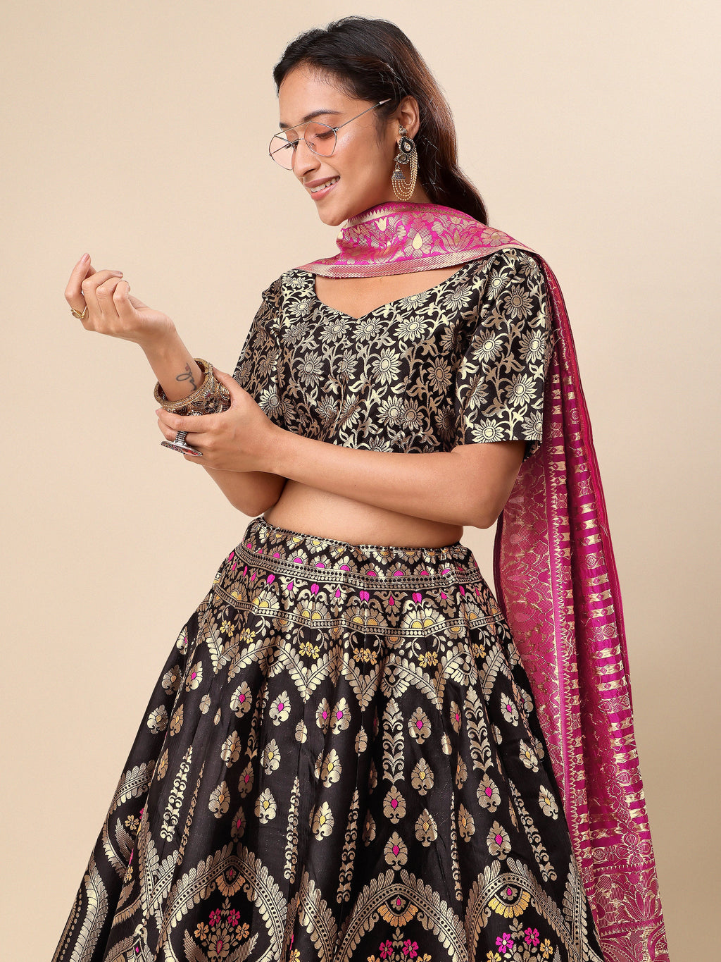 Women Black Embellished Print Lehenga