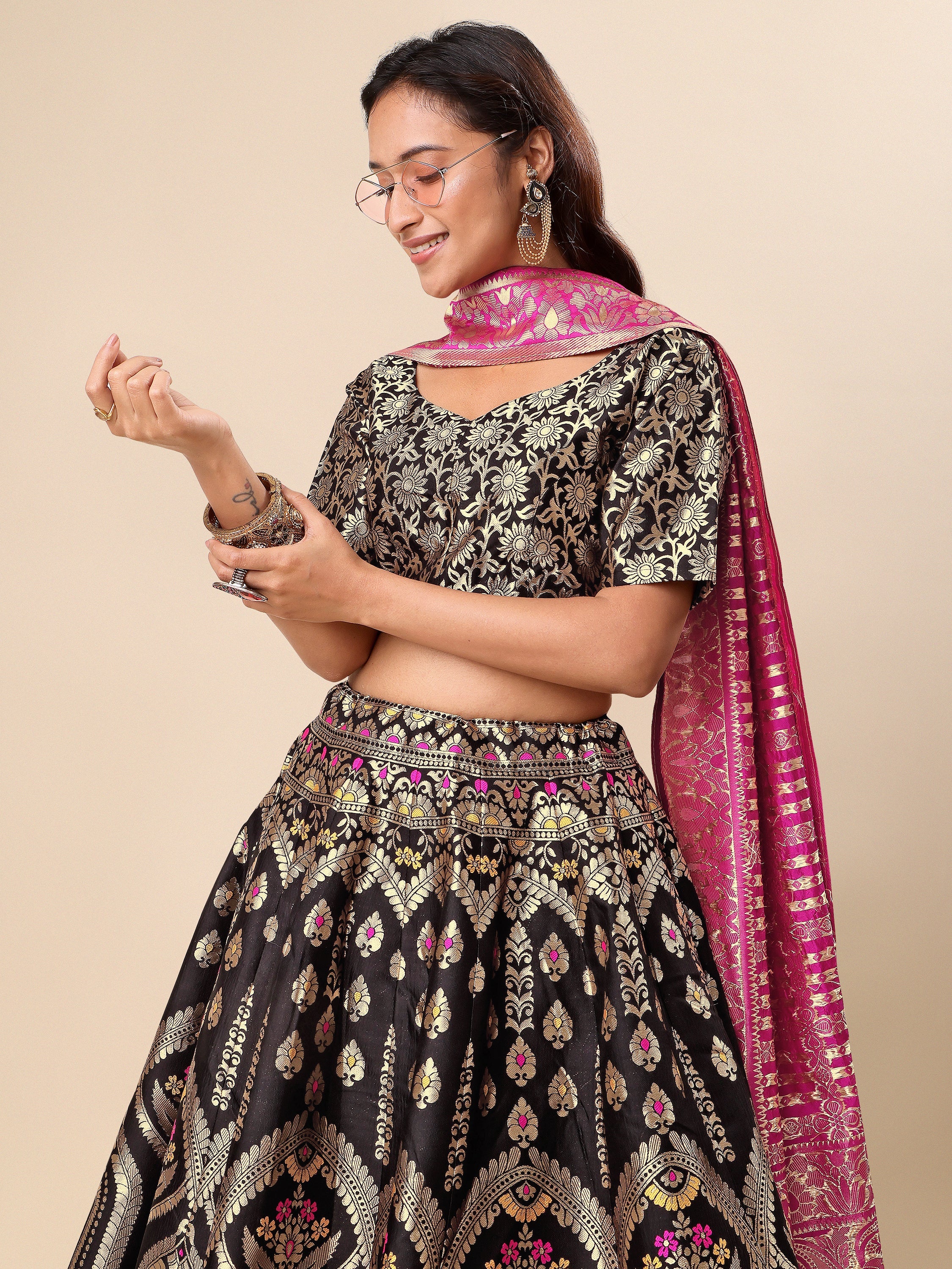 Women Black Embellished Print Lehenga