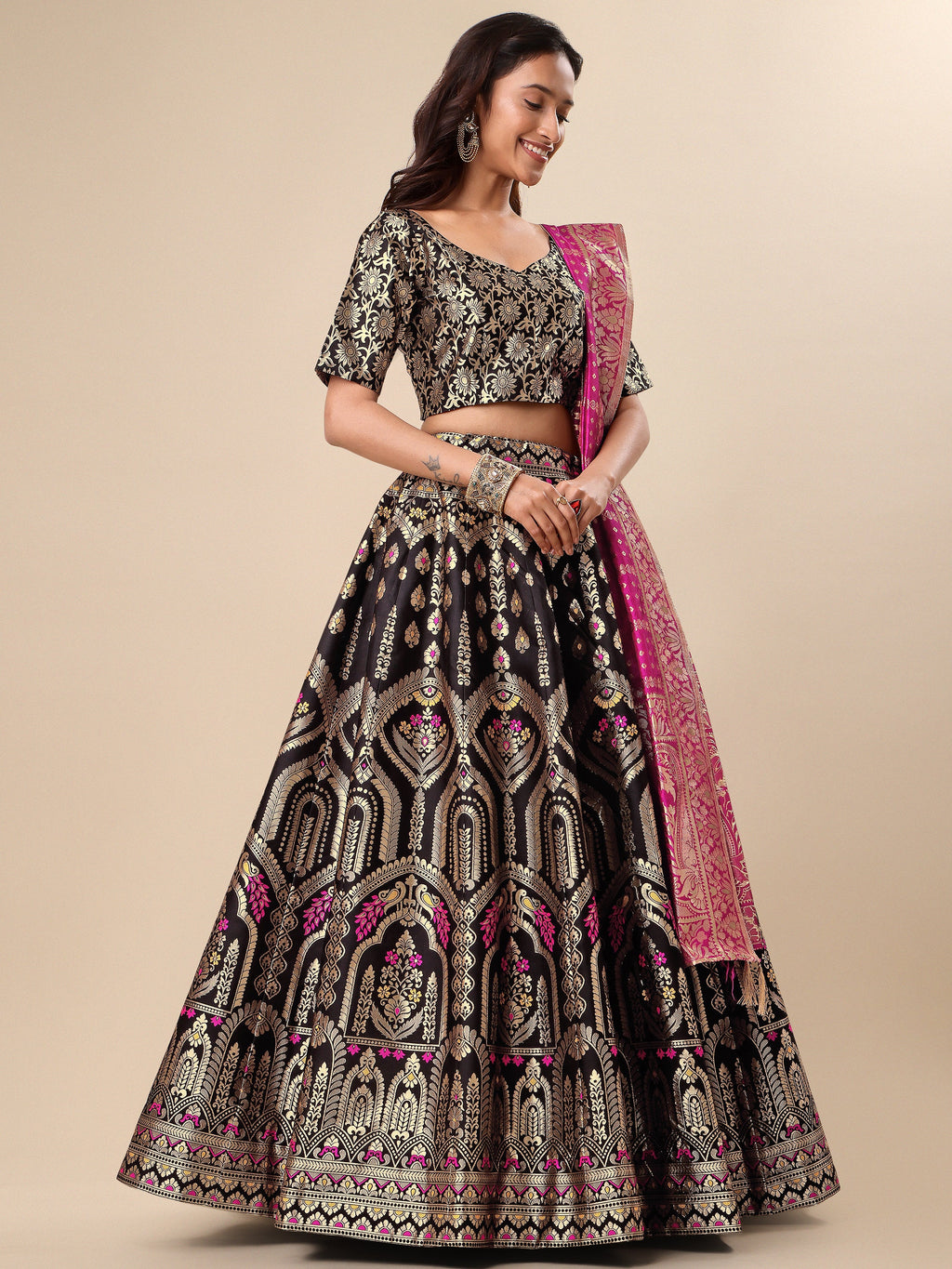 Women Black Embellished Print Lehenga