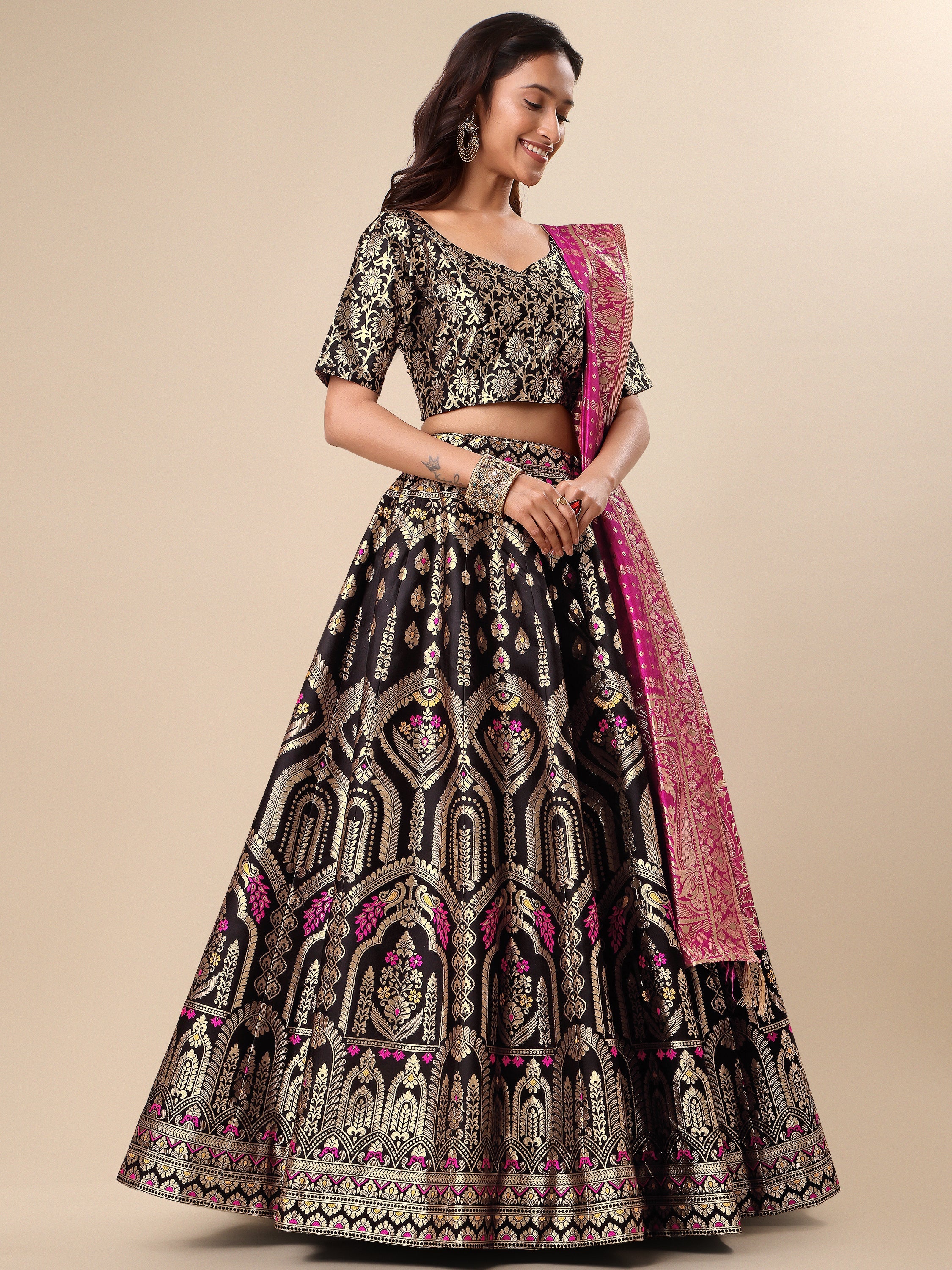 Women Black Embellished Print Lehenga