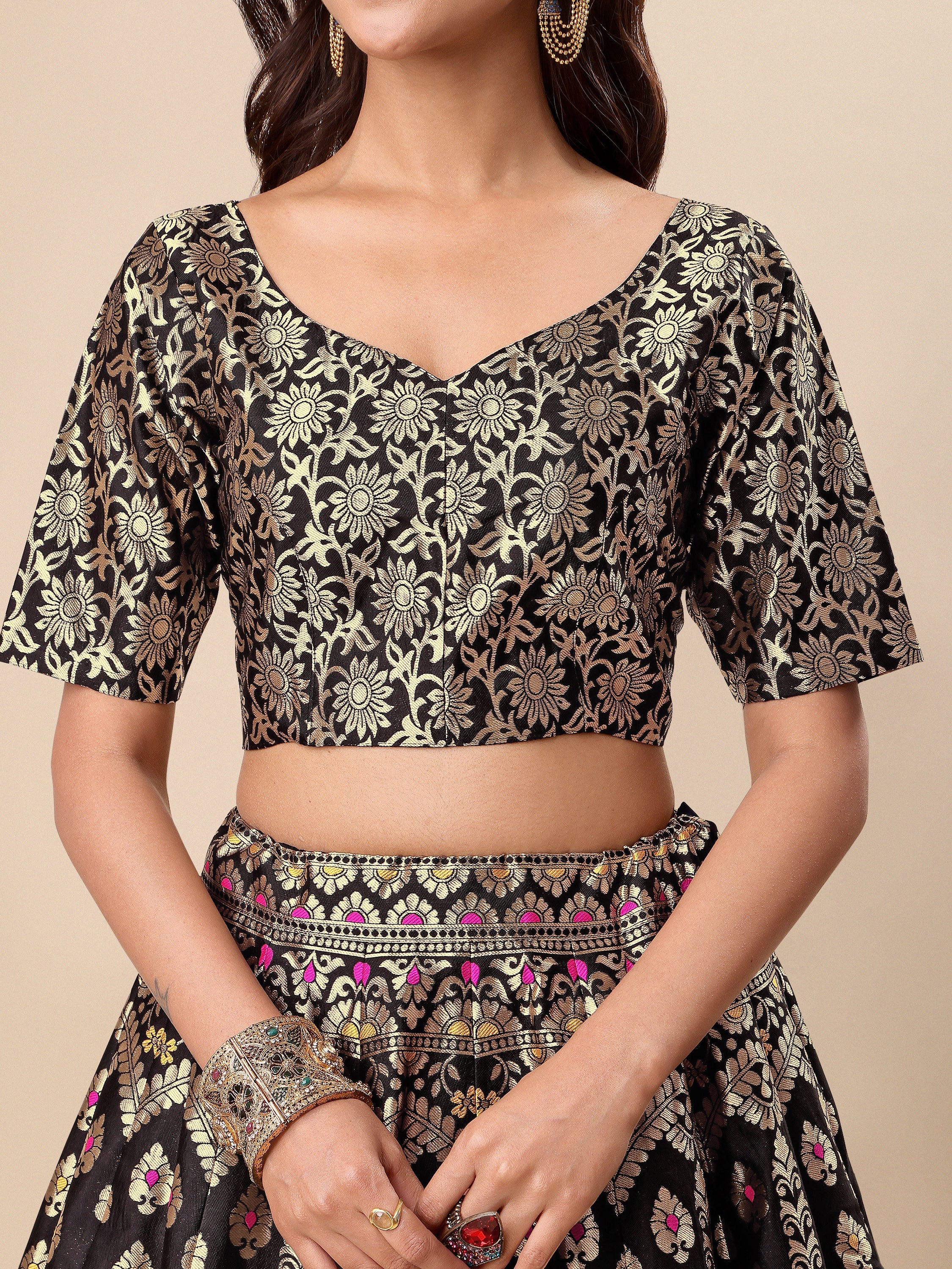 Women Black Embellished Print Lehenga