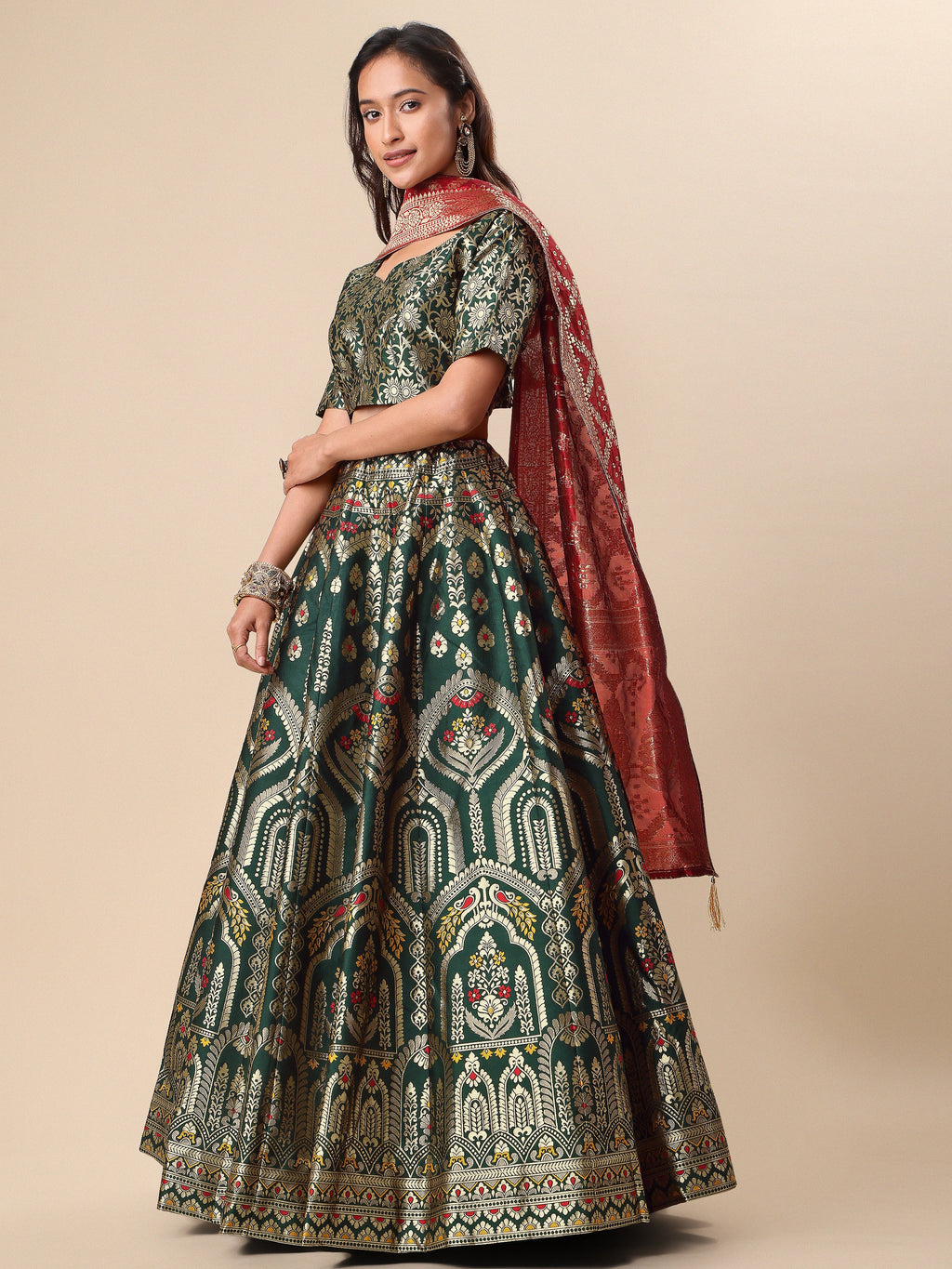 Women Green Embellished Print Lehenga