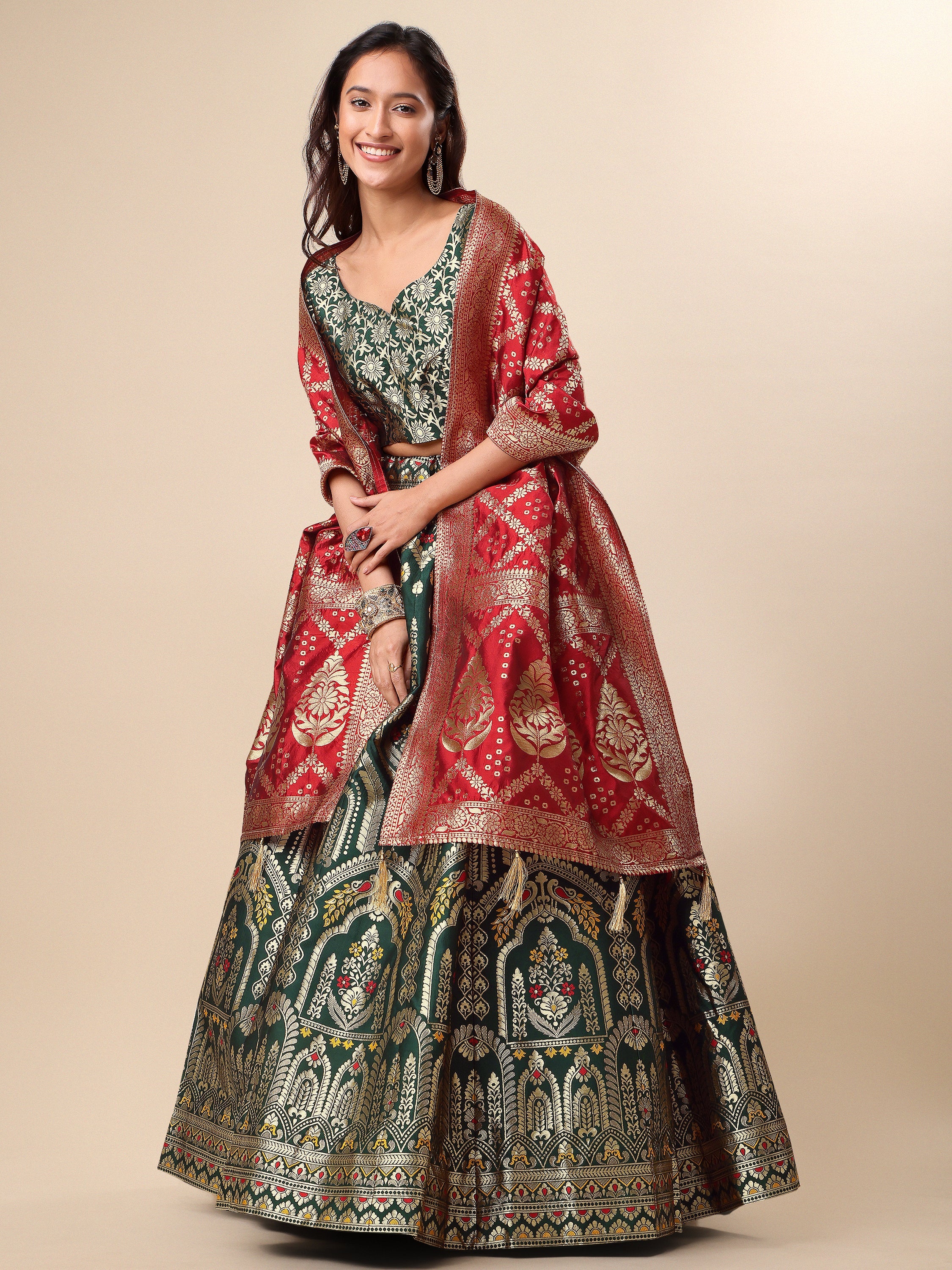 Women Green Embellished Print Lehenga