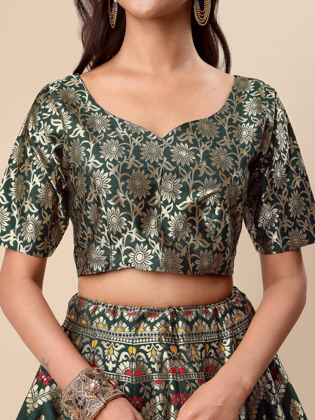 Women Green Embellished Print Lehenga