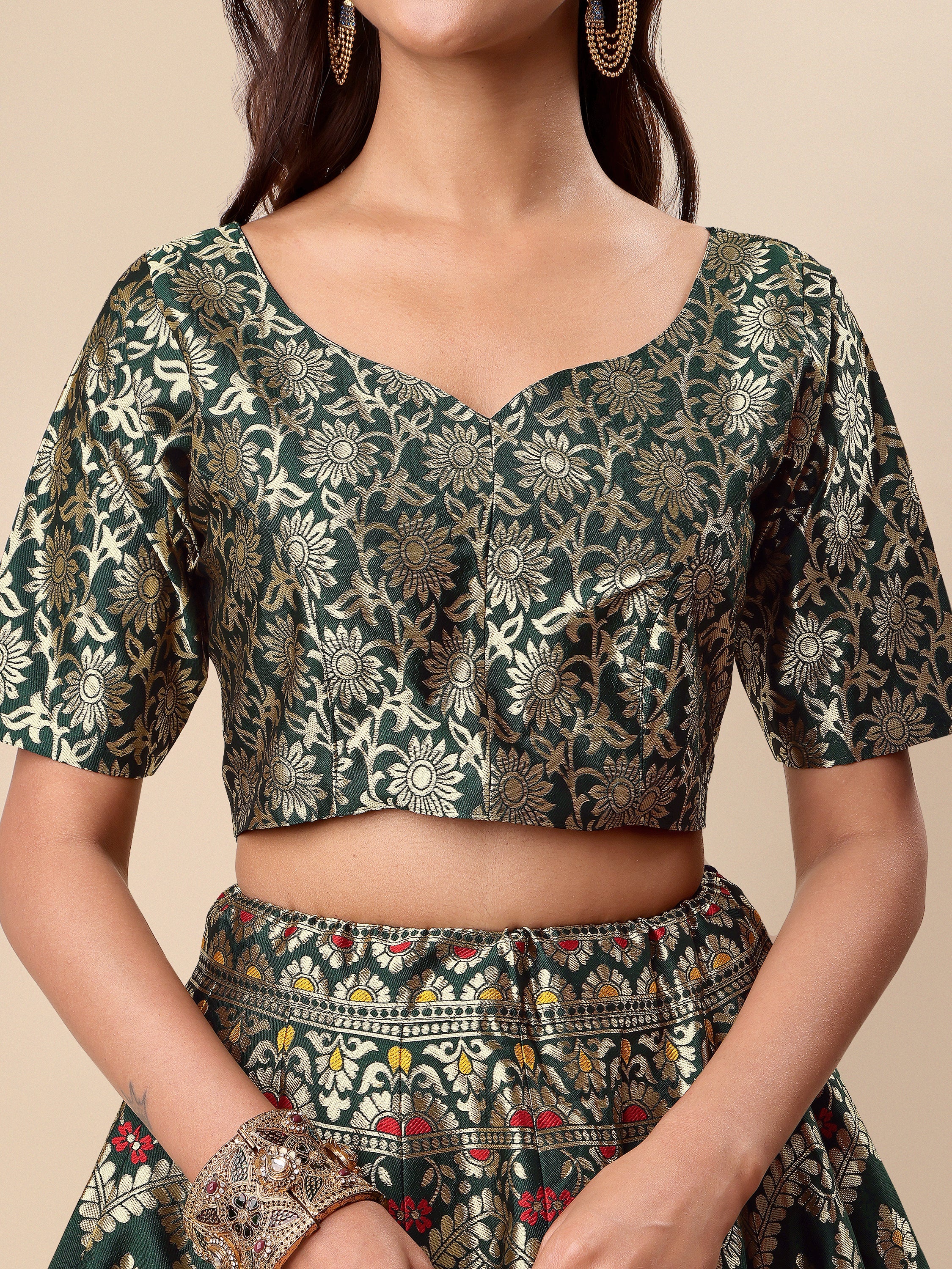 Women Green Embellished Print Lehenga