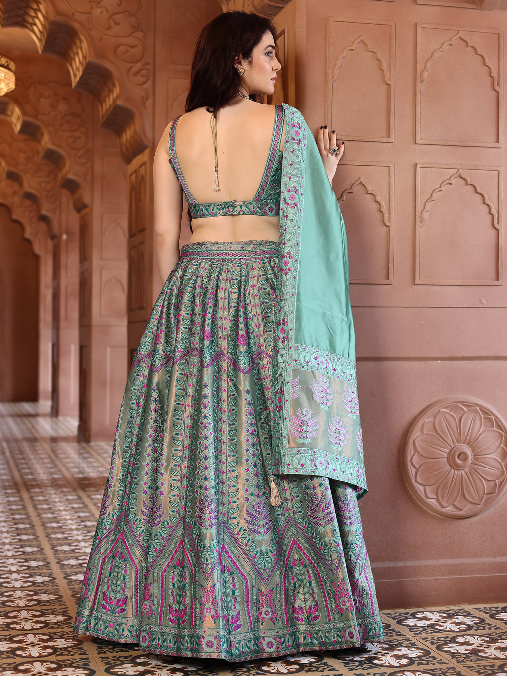 Kanjivaram Lehenga Choli See Green Woven Motifs