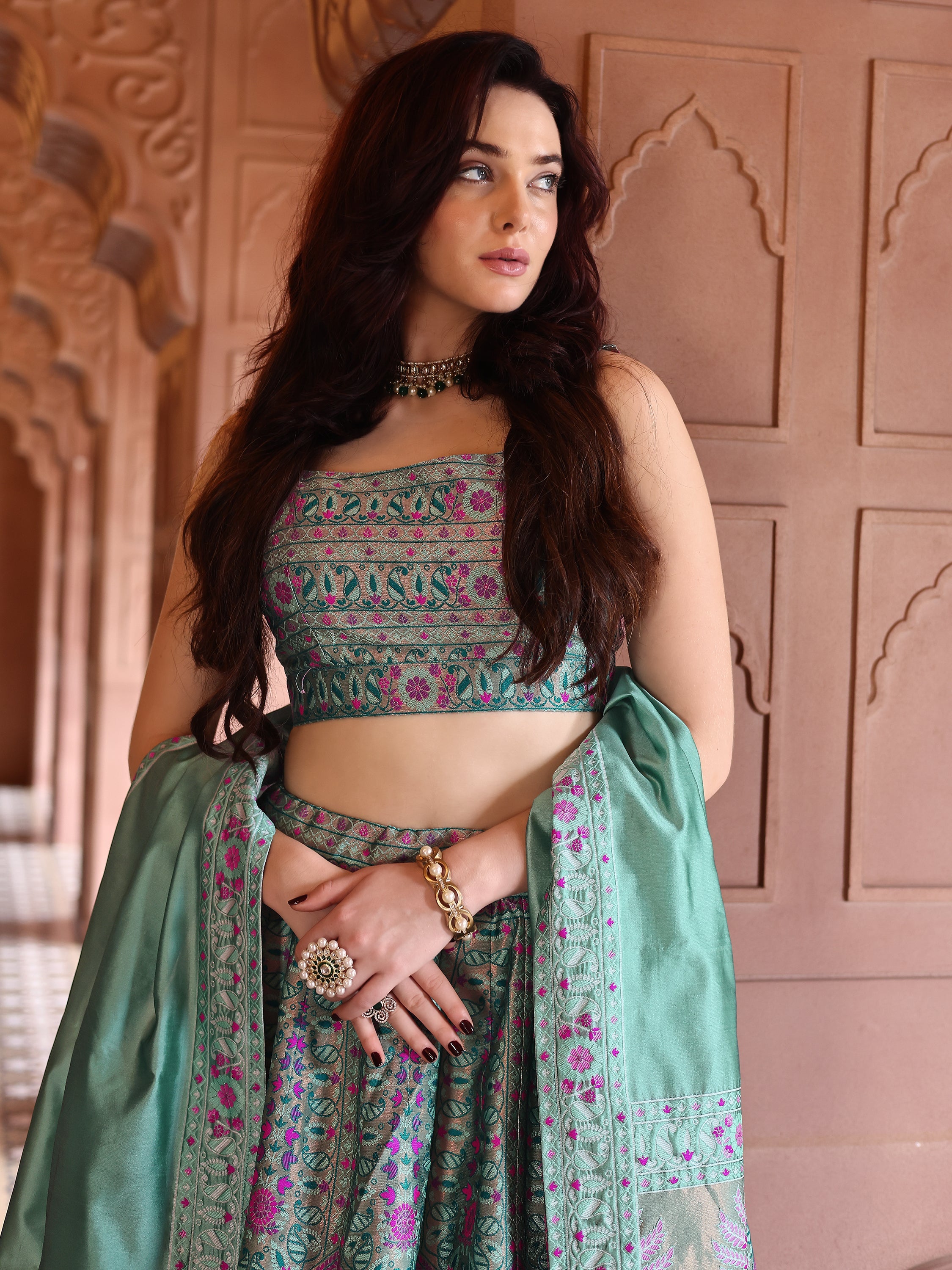 Kanjivaram Lehenga Choli See Green Woven Motifs
