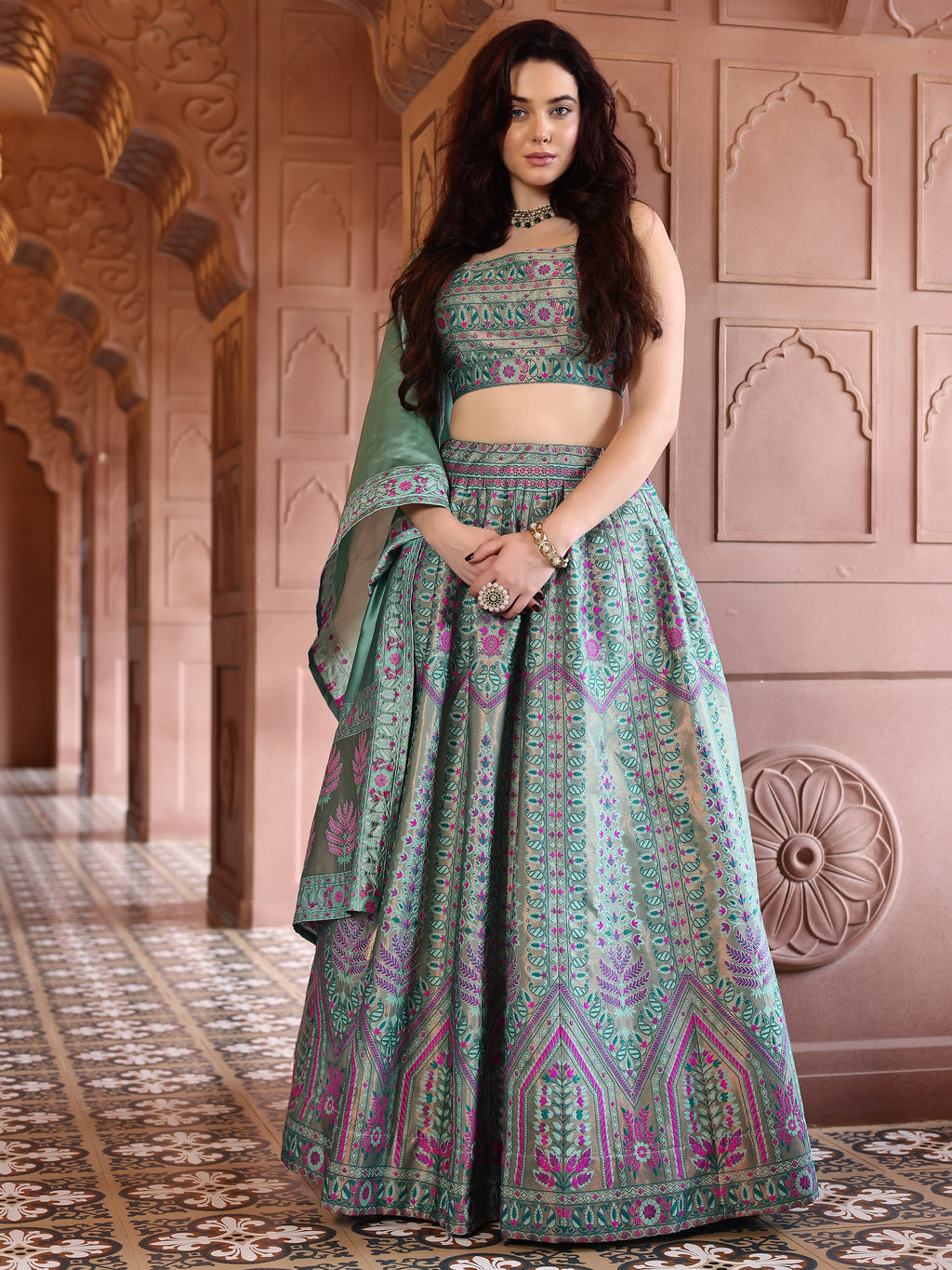 Kanjivaram Lehenga Choli See Green Woven Motifs