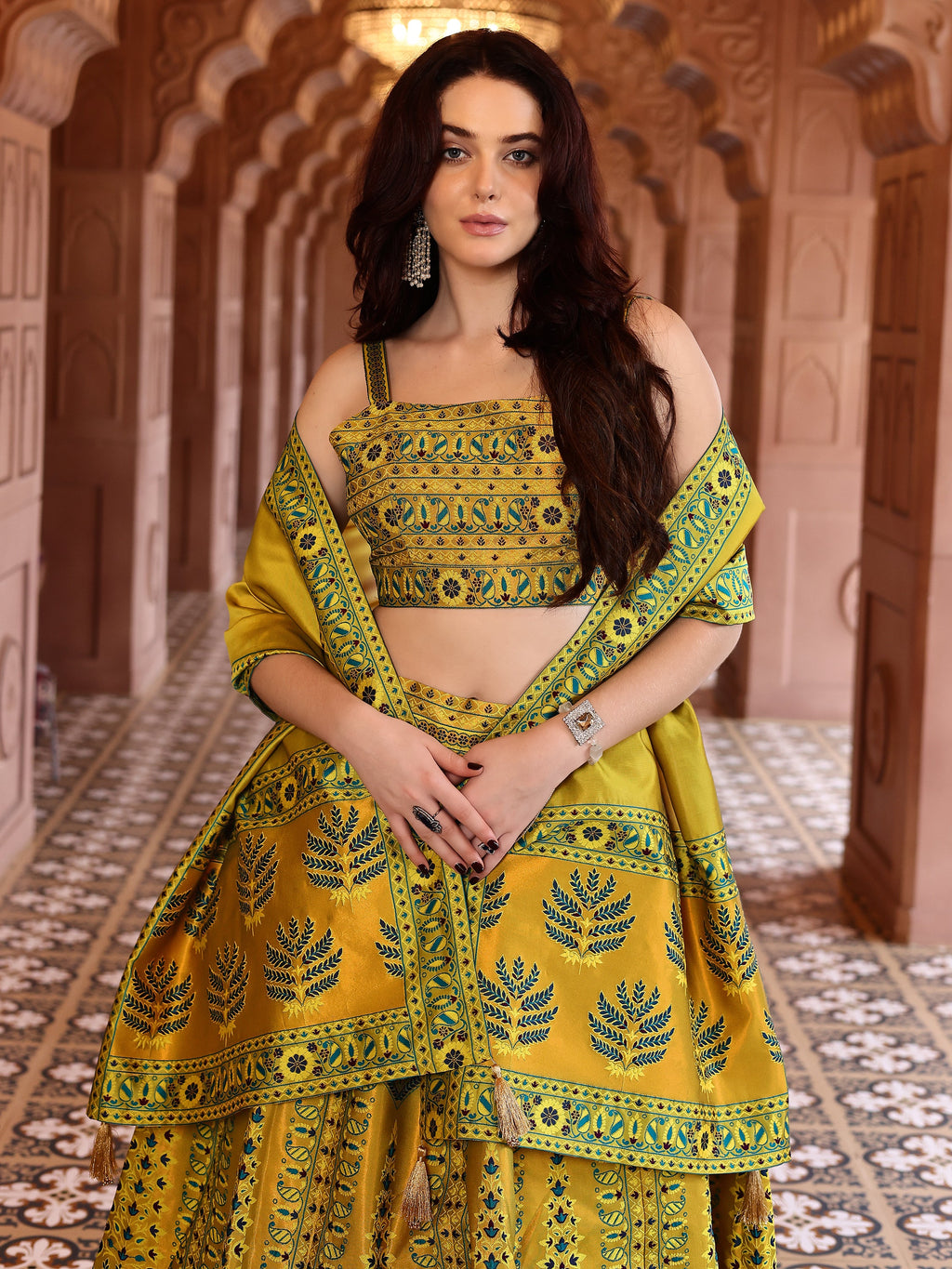 Kanjivaram Lehenga Choli Lime Woven Motifs