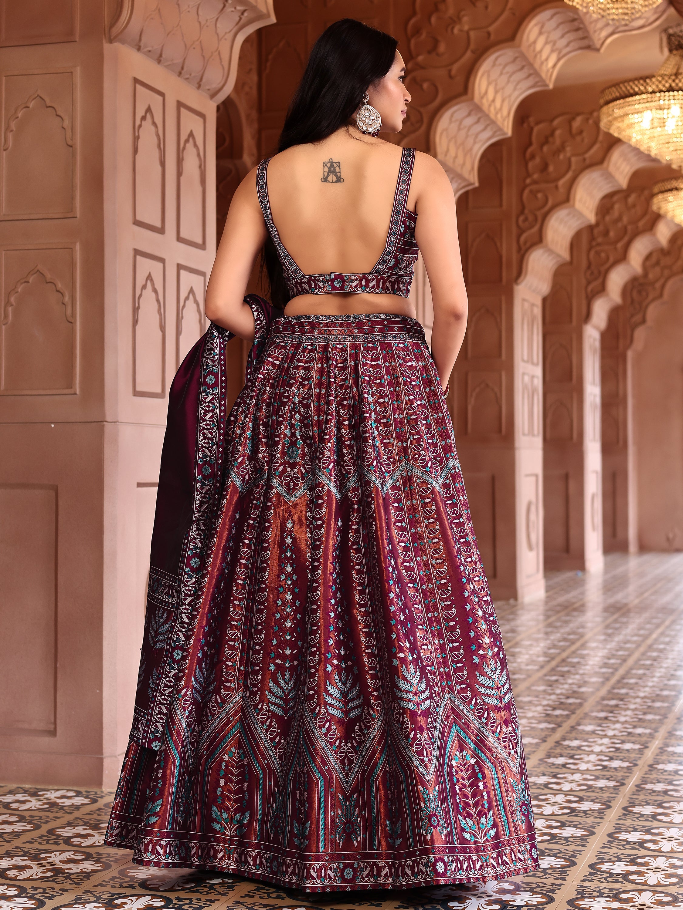 Kanjivaram Lehenga Choli Maroon Woven Motifs