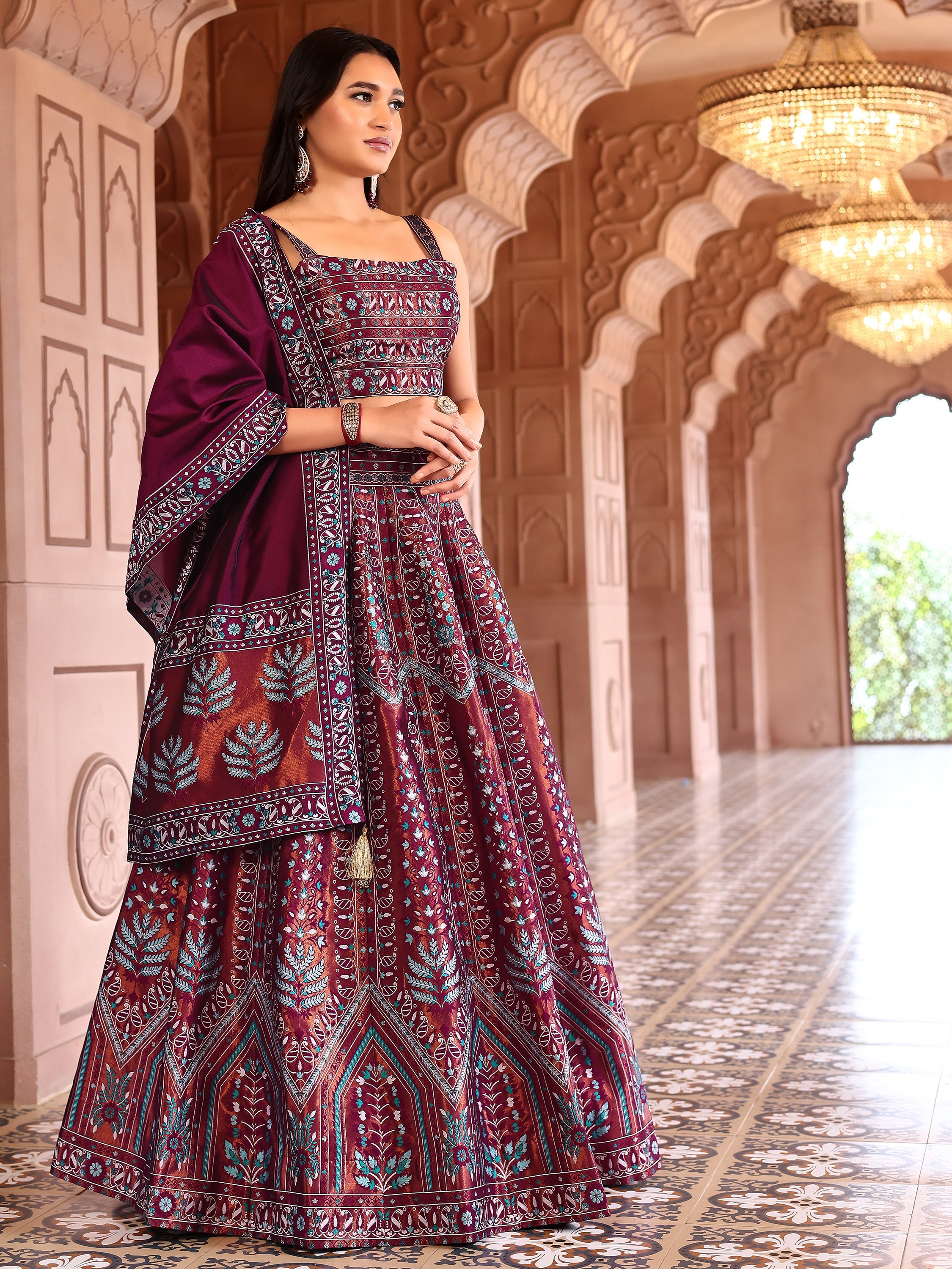 Kanjivaram Lehenga Choli Maroon Woven Motifs