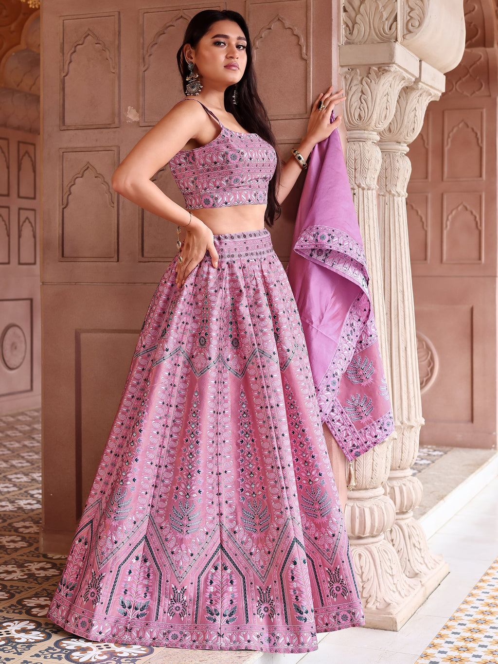 Kanjivaram Lehenga Choli Pink Woven Motifs