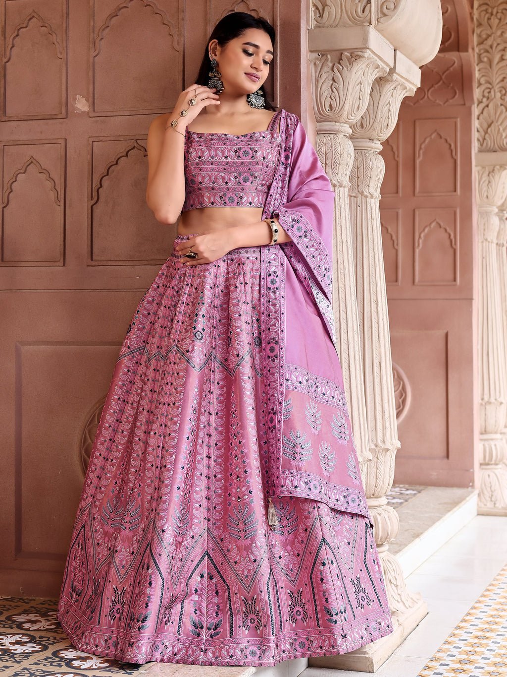 Kanjivaram Lehenga Choli Pink Woven Motifs