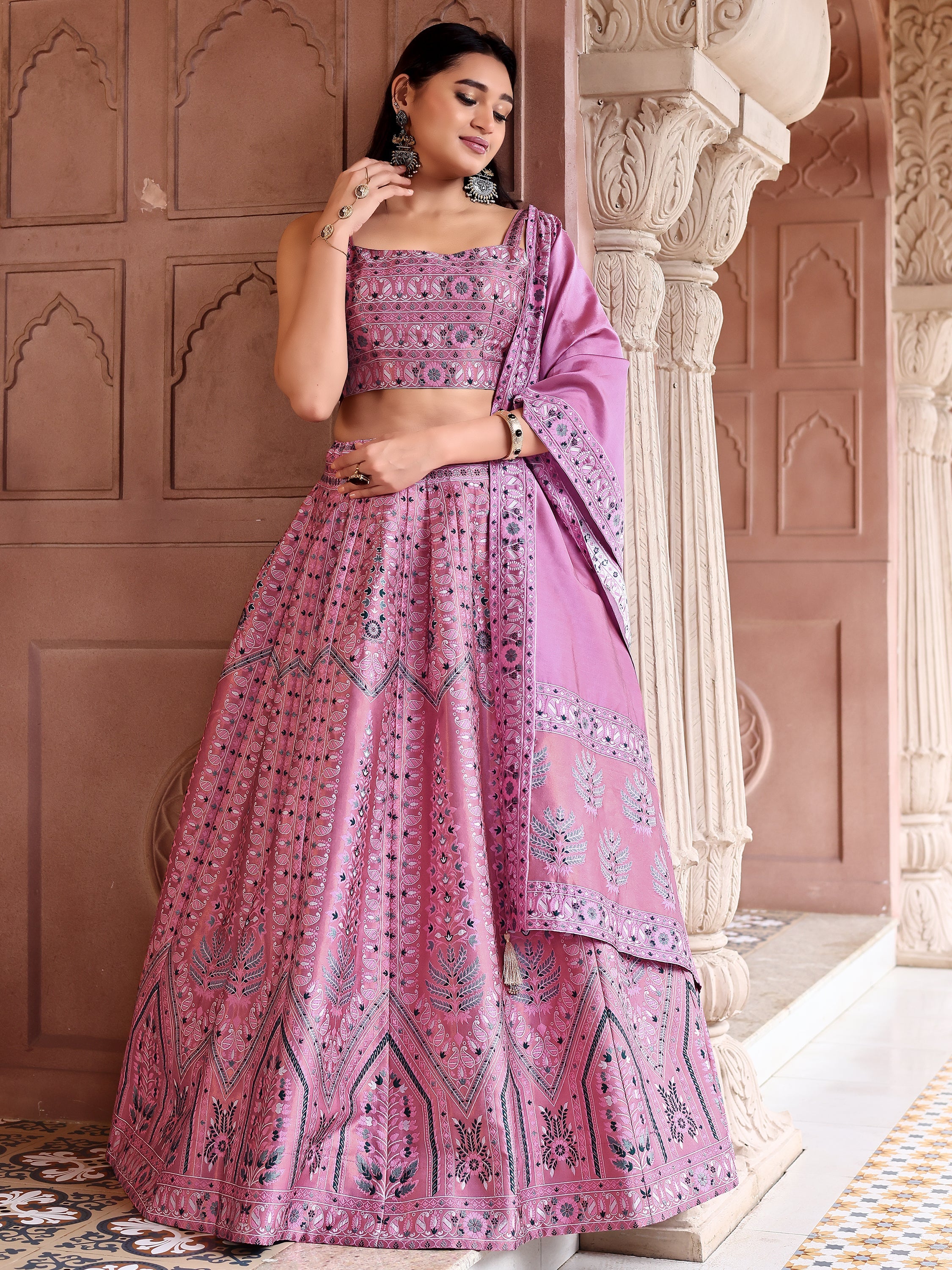 Kanjivaram Lehenga Choli Pink Woven Motifs