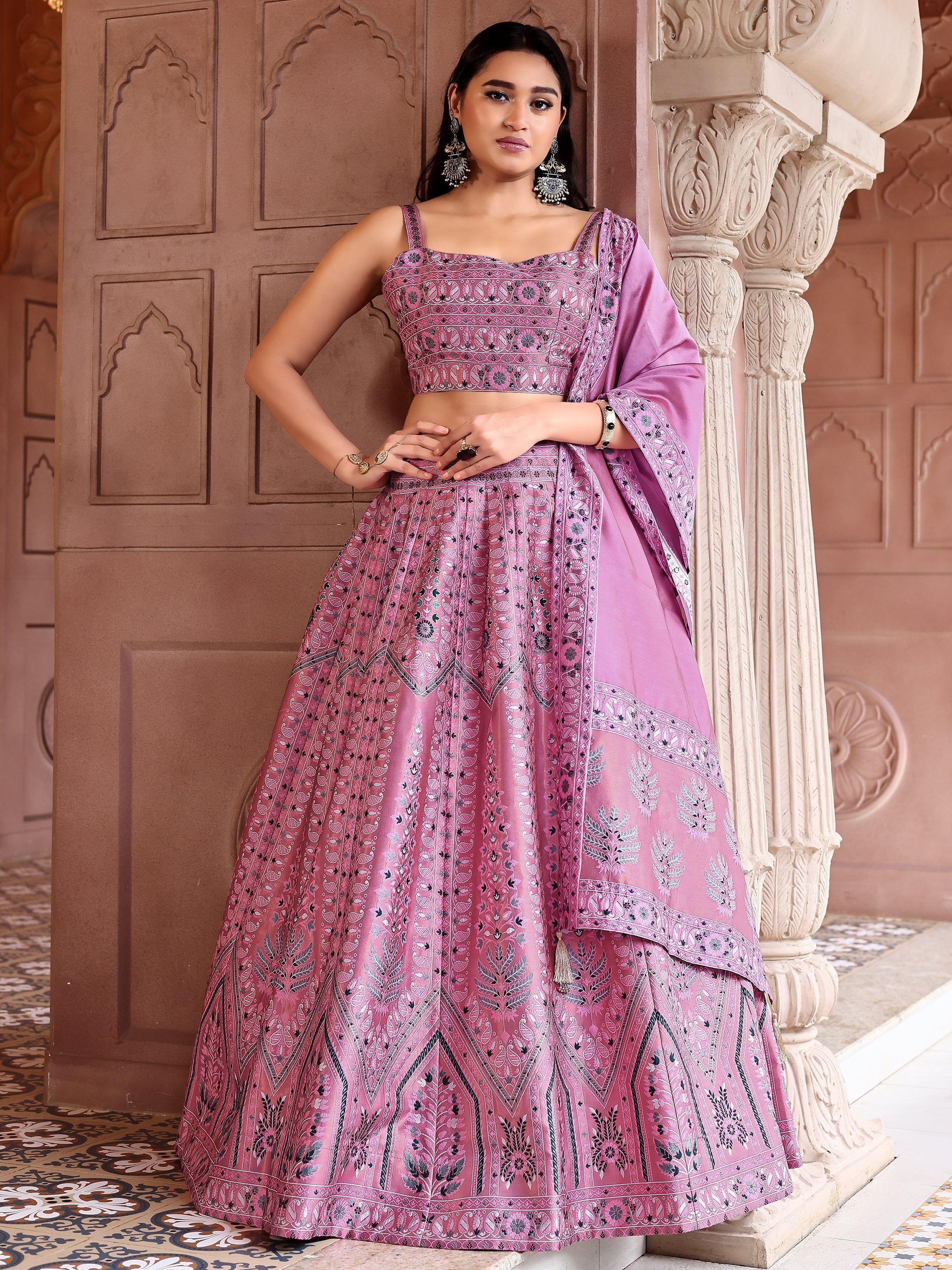 Kanjivaram Lehenga Choli Pink Woven Motifs