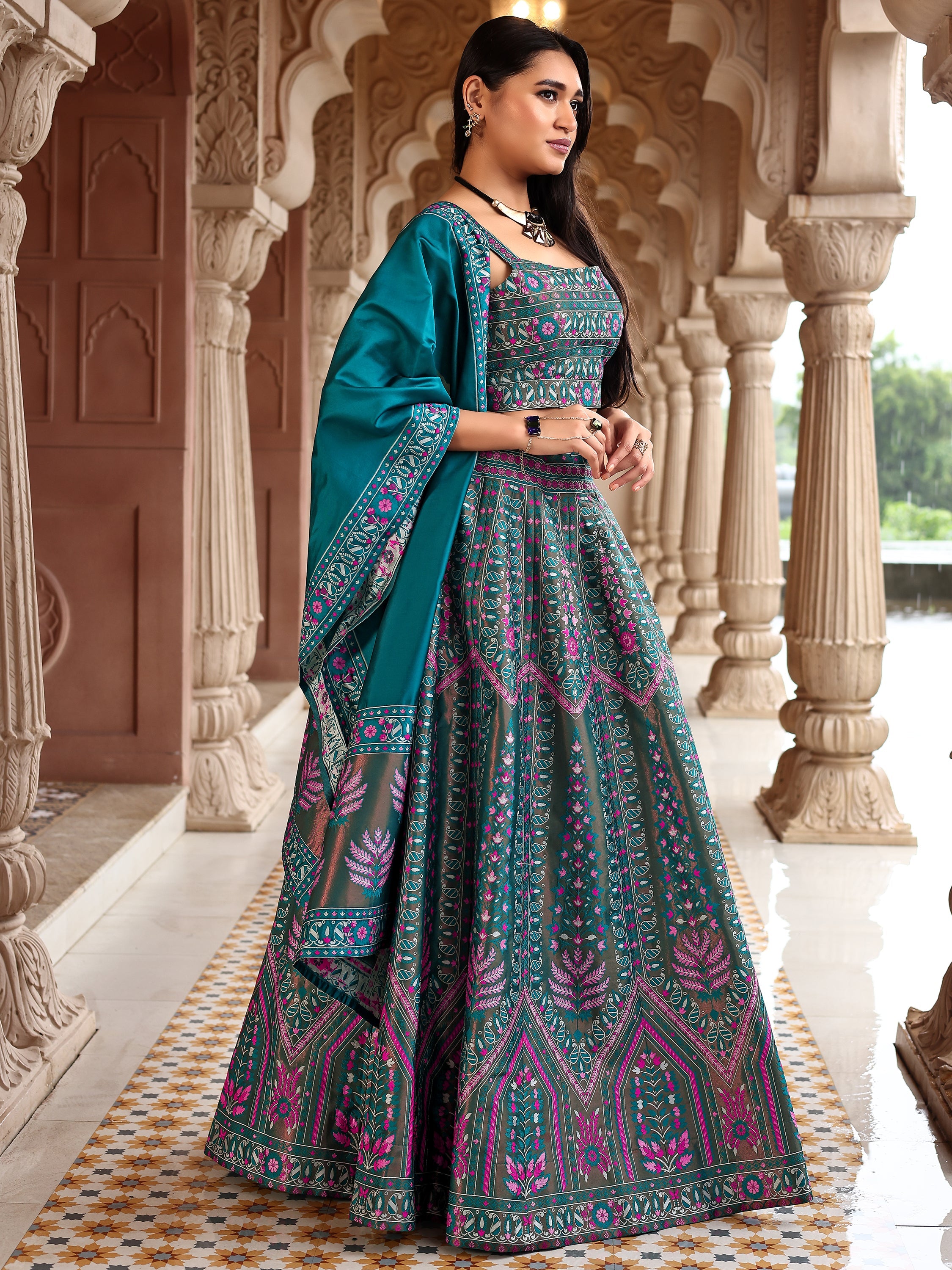Kanjivaram Lehenga Choli Rama Woven Motifs