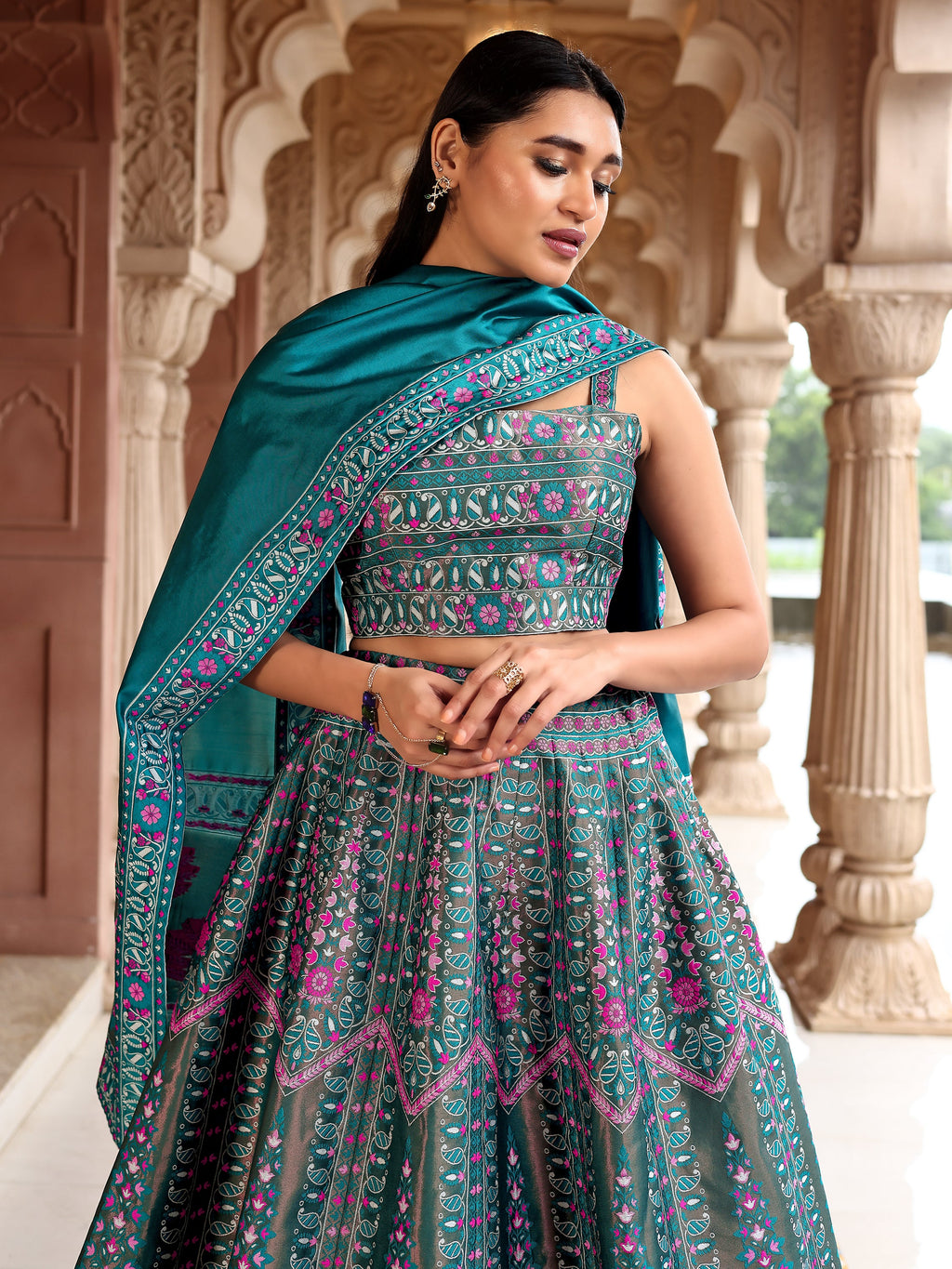 Kanjivaram Lehenga Choli Rama Woven Motifs