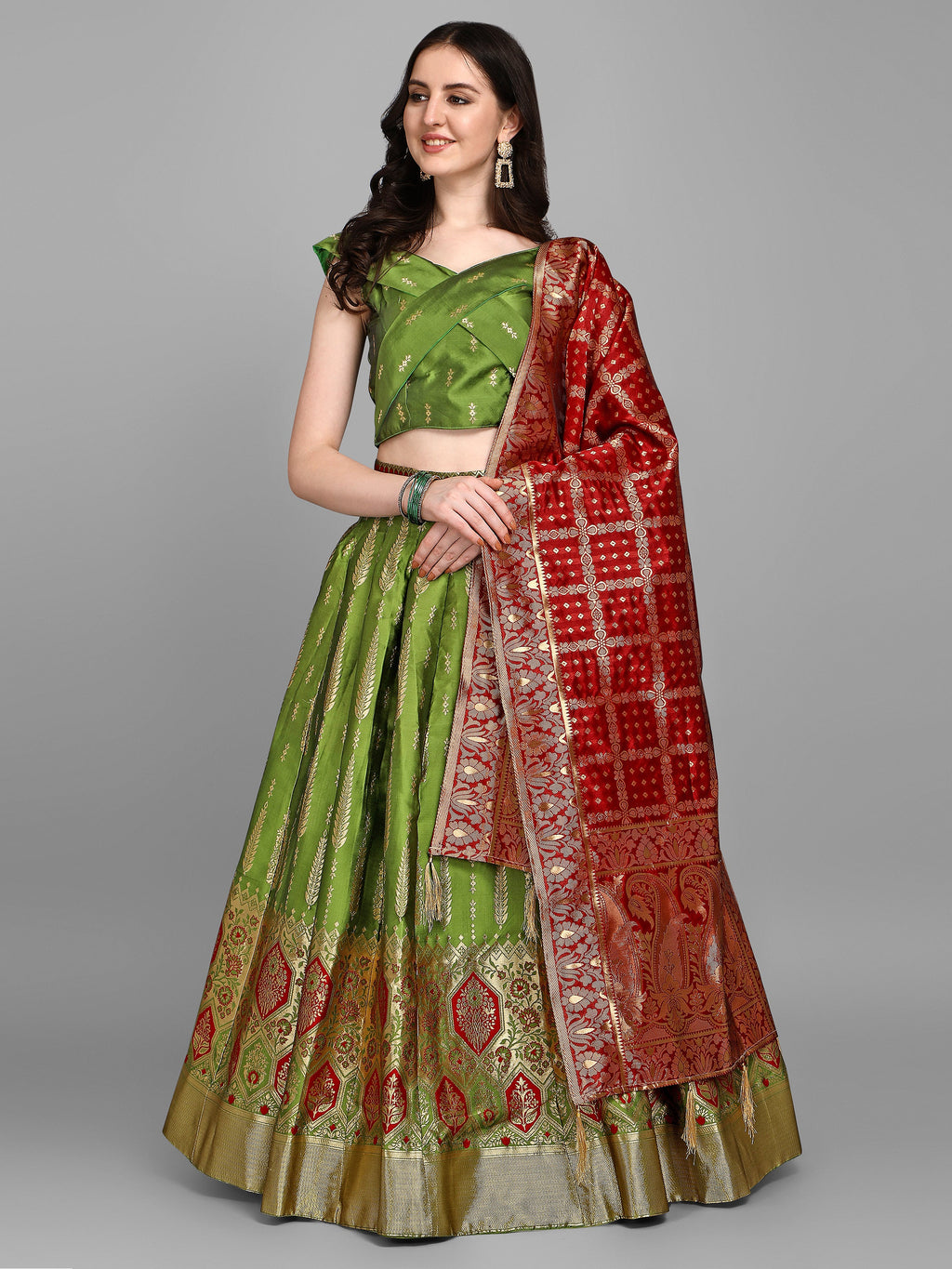 Women Jacquard Multicolor Semi-Stitched Lehenga Choli