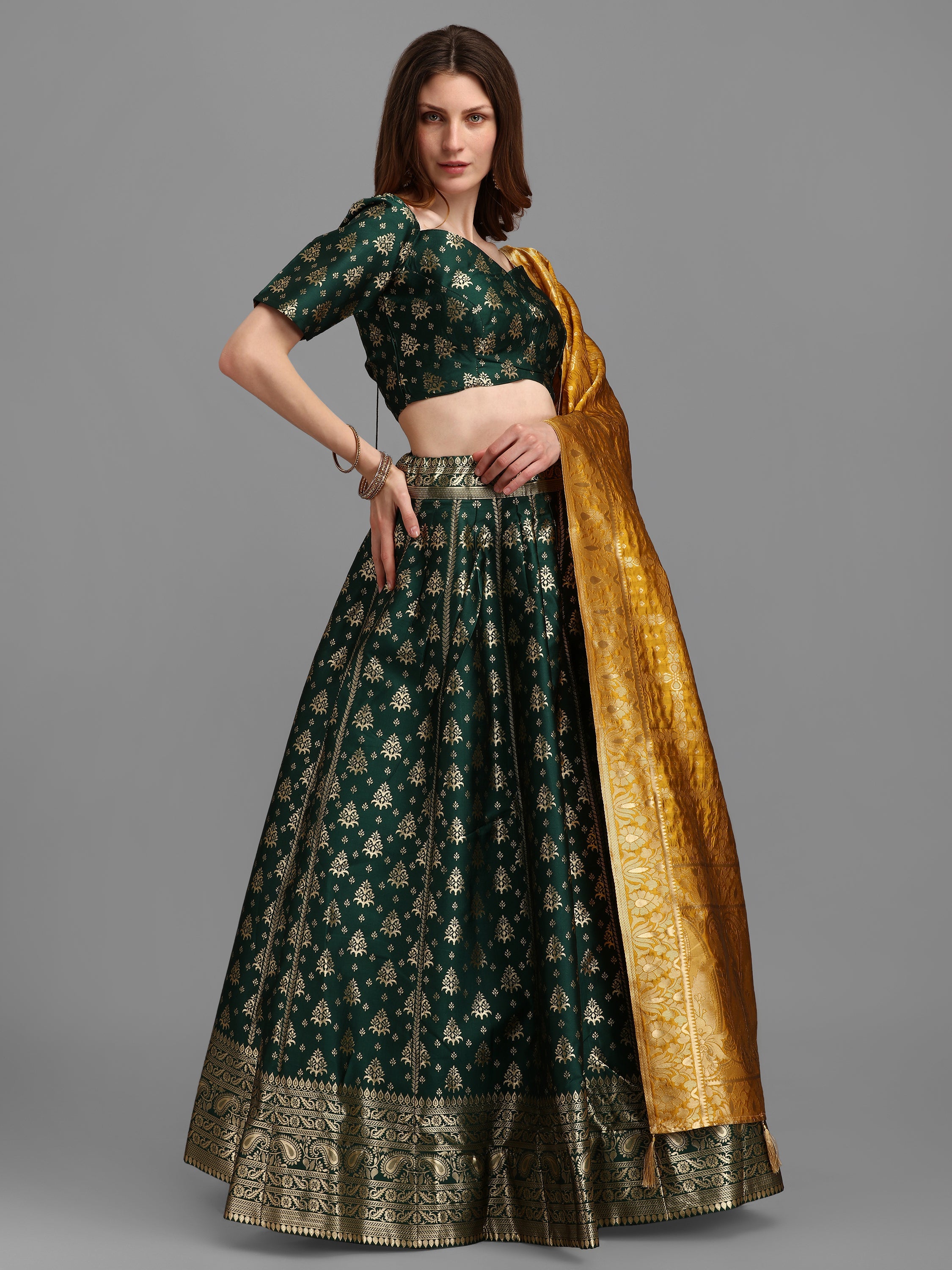 Women Self Design Green Lehenga Choli