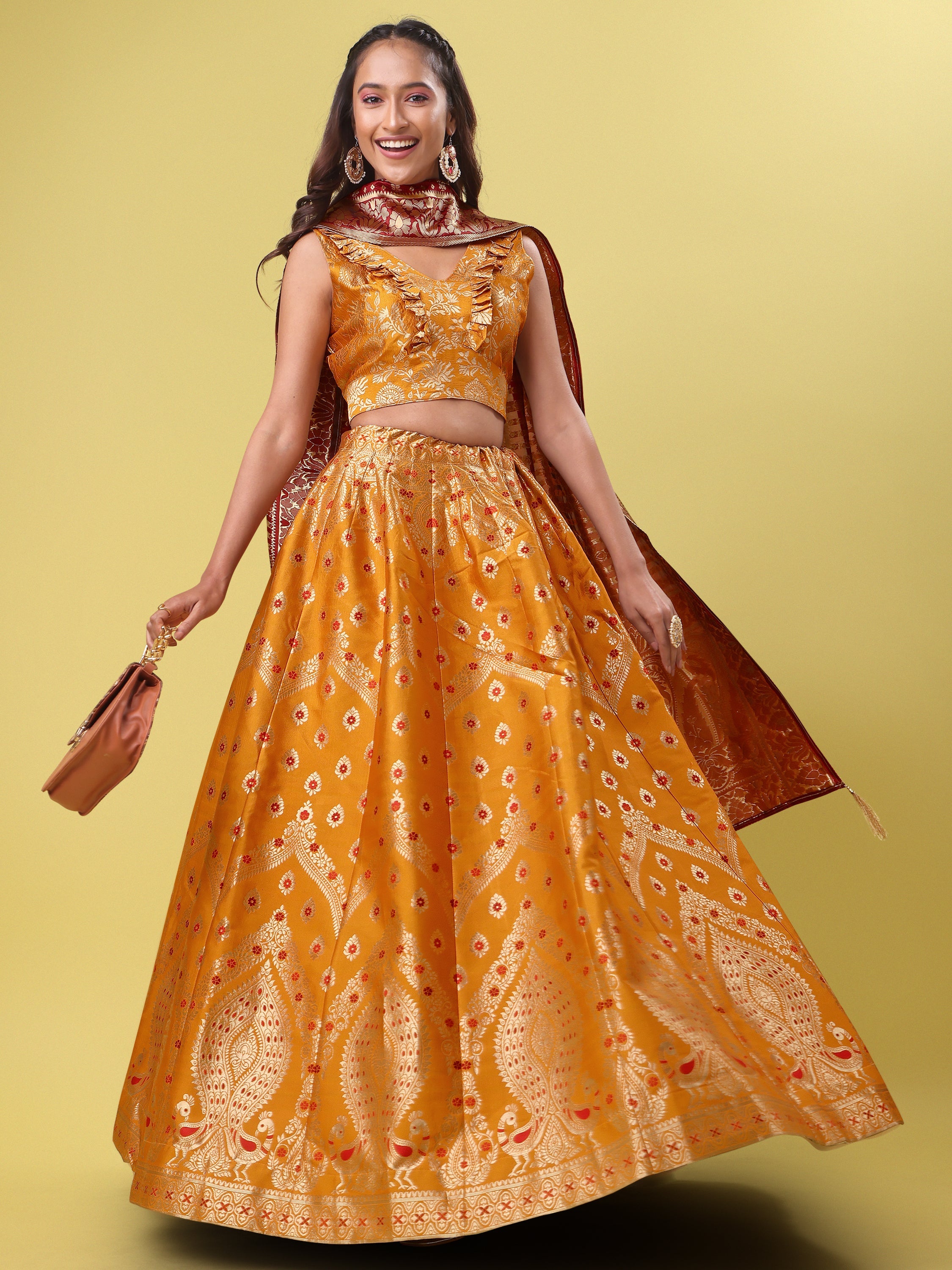 Women Yellow Printed Lehenga Choli