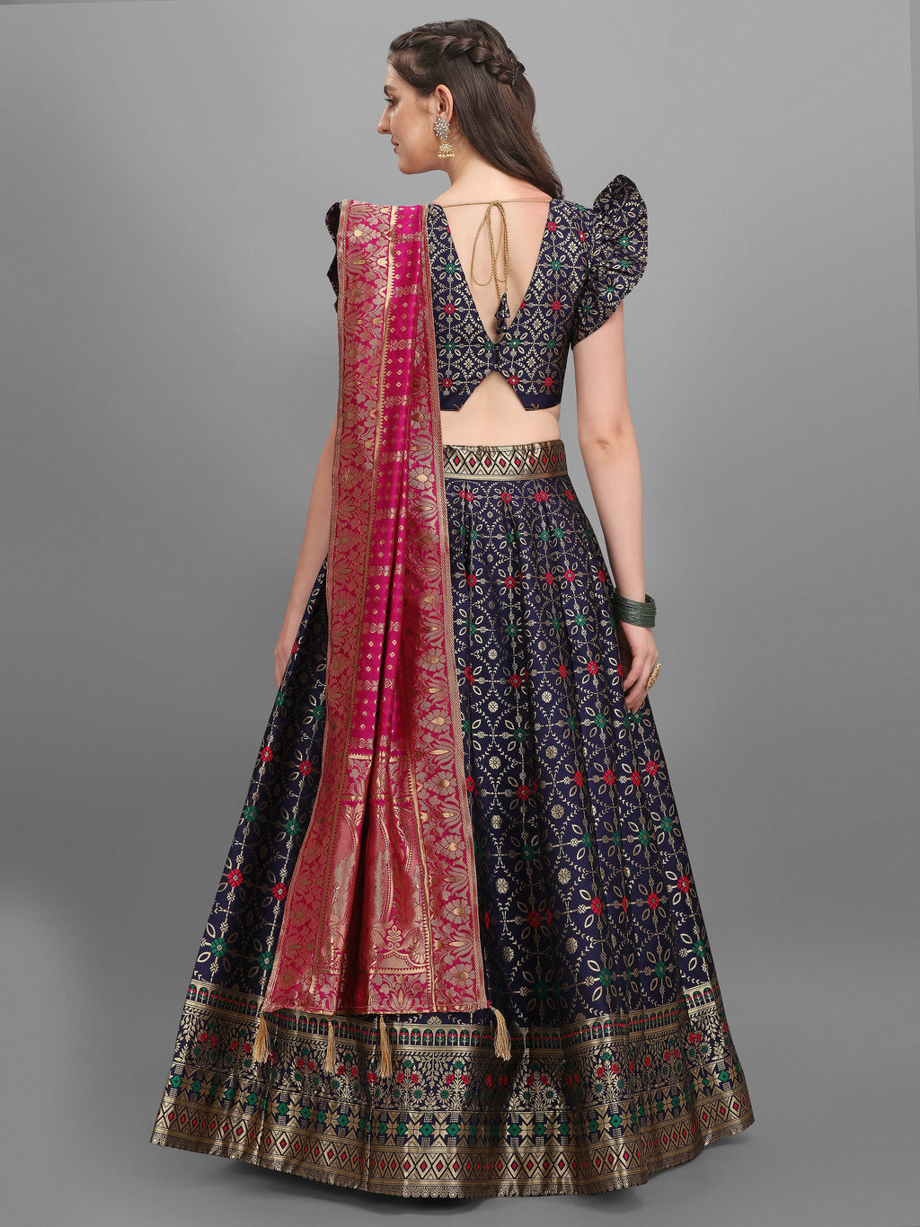 Women Jacquard Blue Printed Lehenga Choli