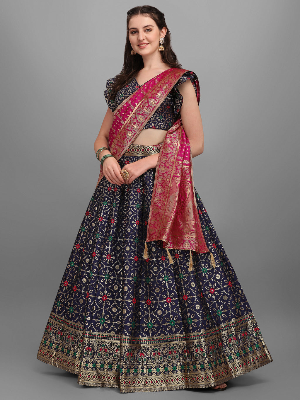 Women Jacquard Blue Printed Lehenga Choli