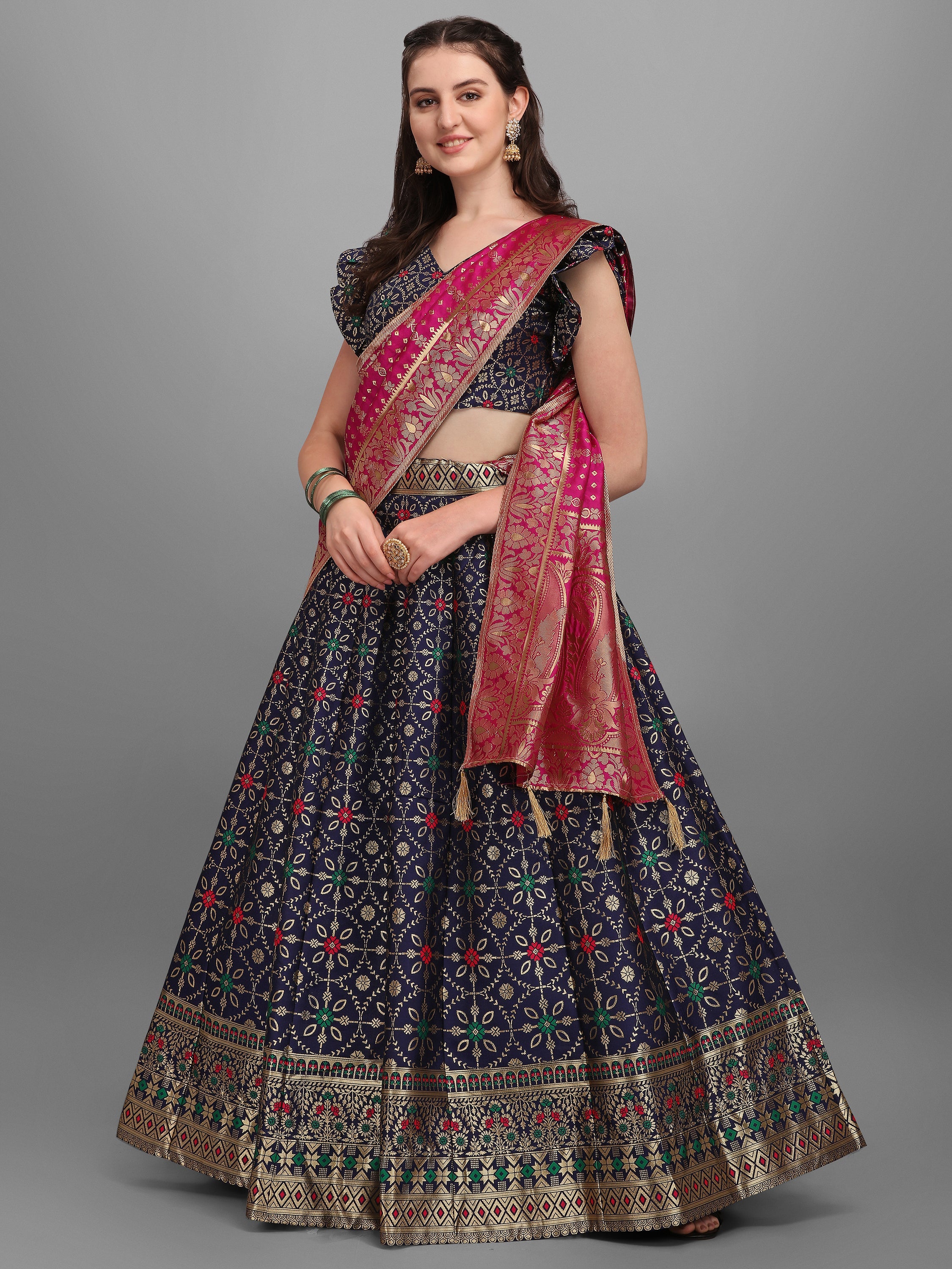 Women Jacquard Blue Printed Lehenga Choli