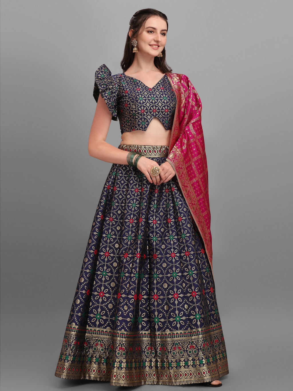 Women Jacquard Blue Printed Lehenga Choli